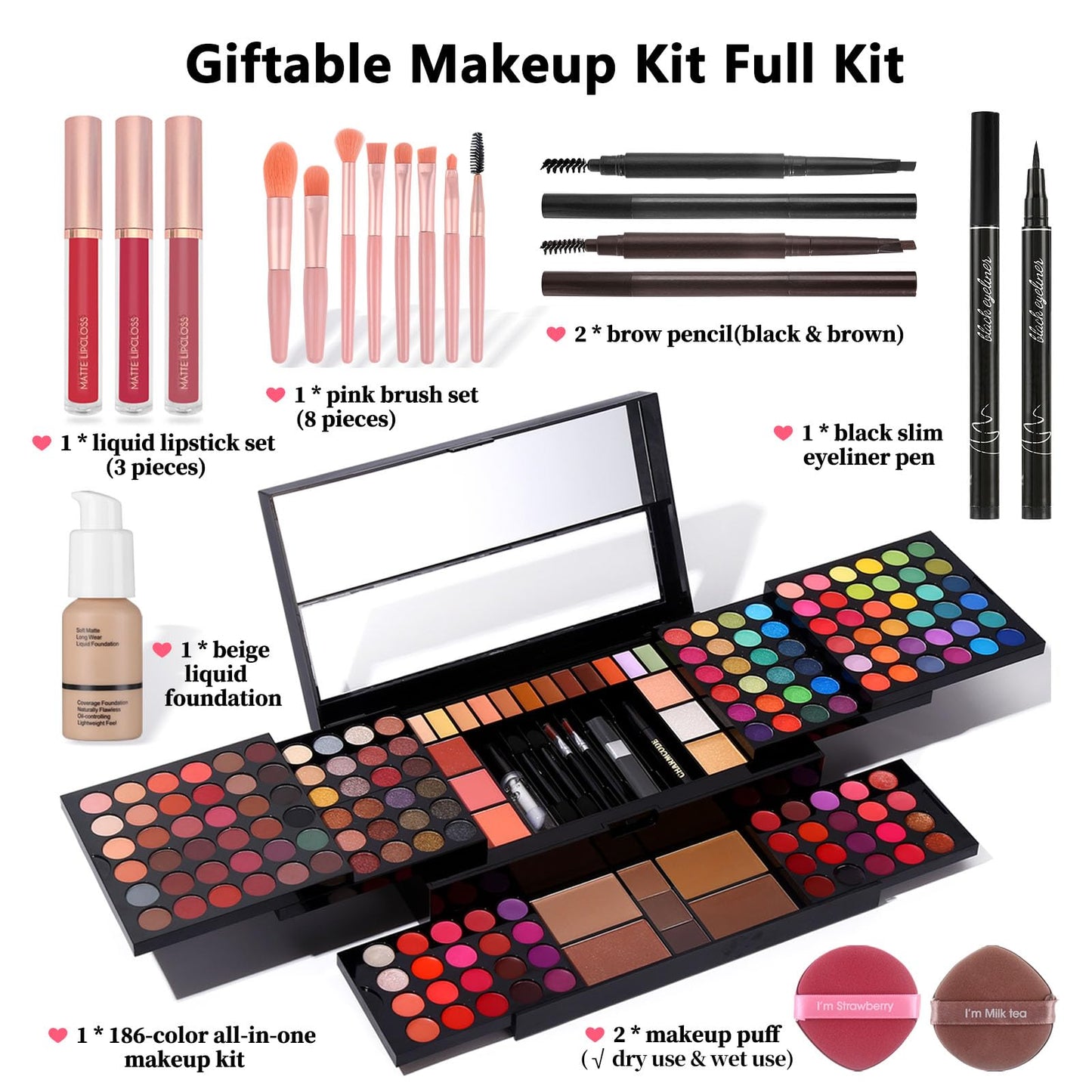 Professional All in One Makeup Kit for Women Full Kit,186 Colors Make Up Palette Valentine's Gift Set, Including Eyeshadow,Lip Gloss,Concealer,Highlighter,Contour,Brow Powder,Mascara,Blush & Brush