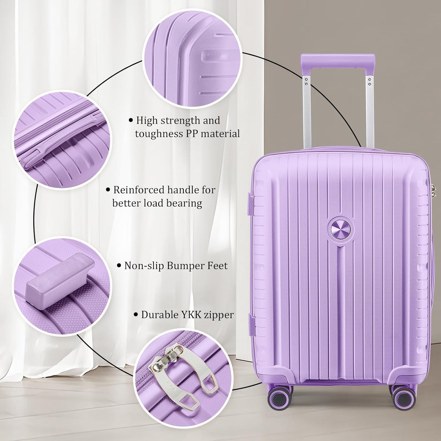 Joyway Luggage Sets 5 Piece PP Hardshell Carry on Suitcase, Travel Lightweight Carry-on with Double Spinner Wheels and TSA Lock, Purple