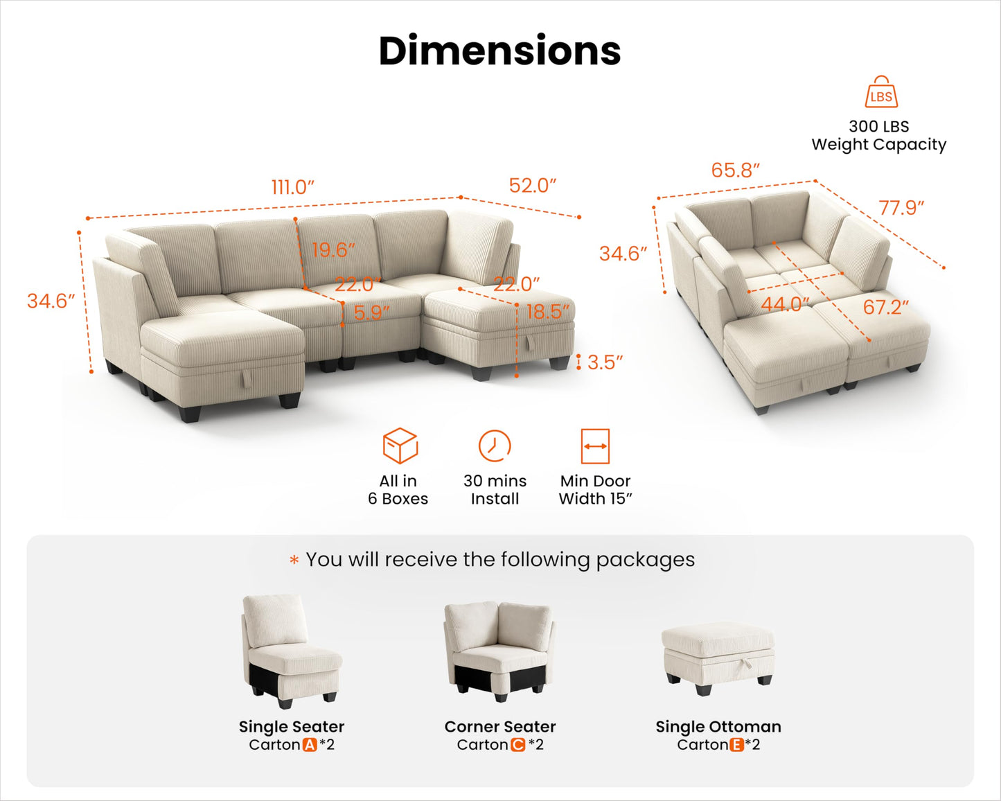 CHIC HOUSE Corduroy Modular Sectional Couch with Ottoman Chaise, L Shaped 4-seat Sofa for Living Room, Apartment, Lounge, Modern Armrest Neck Support Furniture