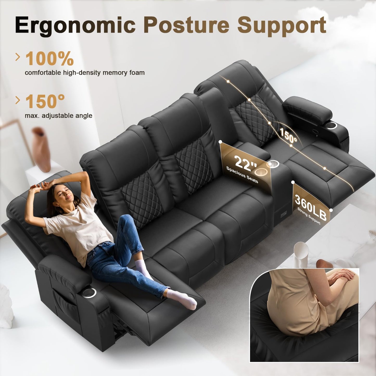 YONISEE 3 Seat Recliner Sofa, Large Reclining Sofa with Storage Console, Manual Reclining Chair with USB Ports, 2 Cell Phone Holder, 3 Seater Loveseat Recliner Couch for Living Room