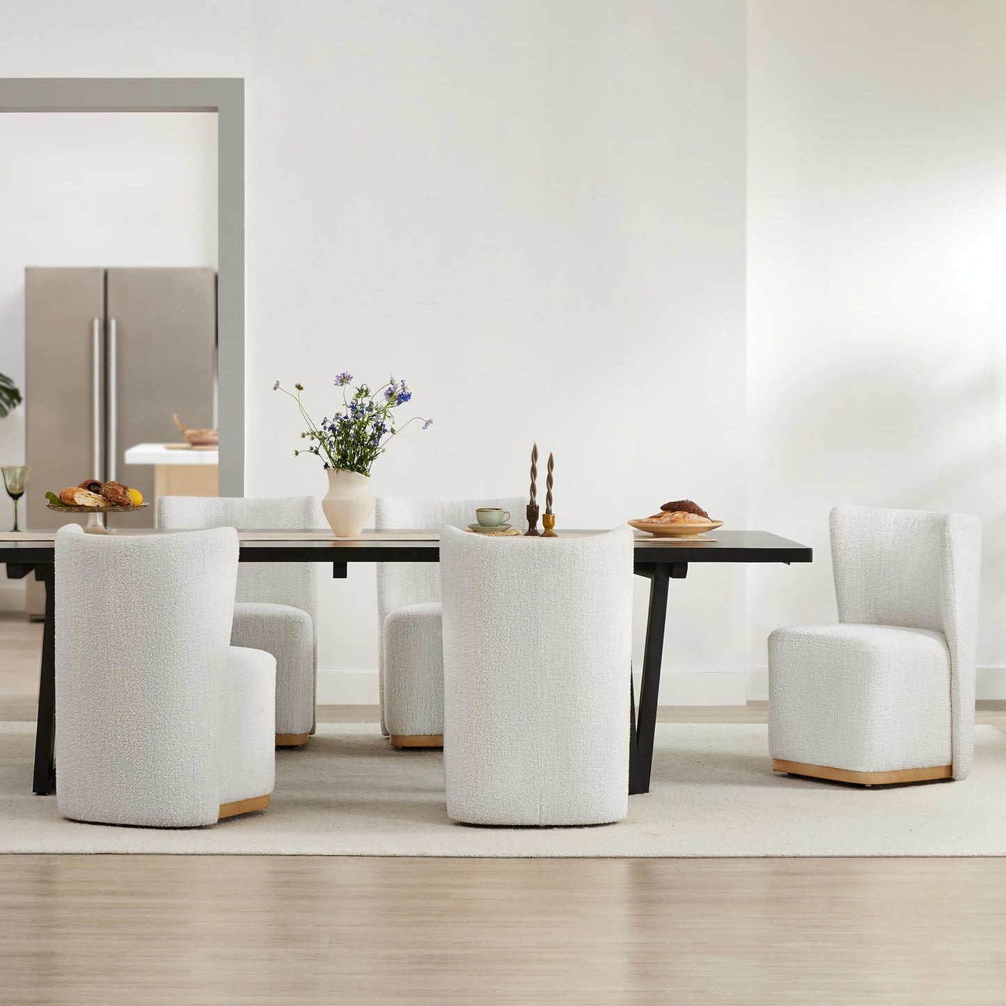 CHITA Upholstered Rolling Dining Chair with Casters Set of 2, Oatmeal | FSC Certified Modern Fabric Dining Chair with Casters, Boucle Dining Chairs for Reading Room Kitchen Dining Room