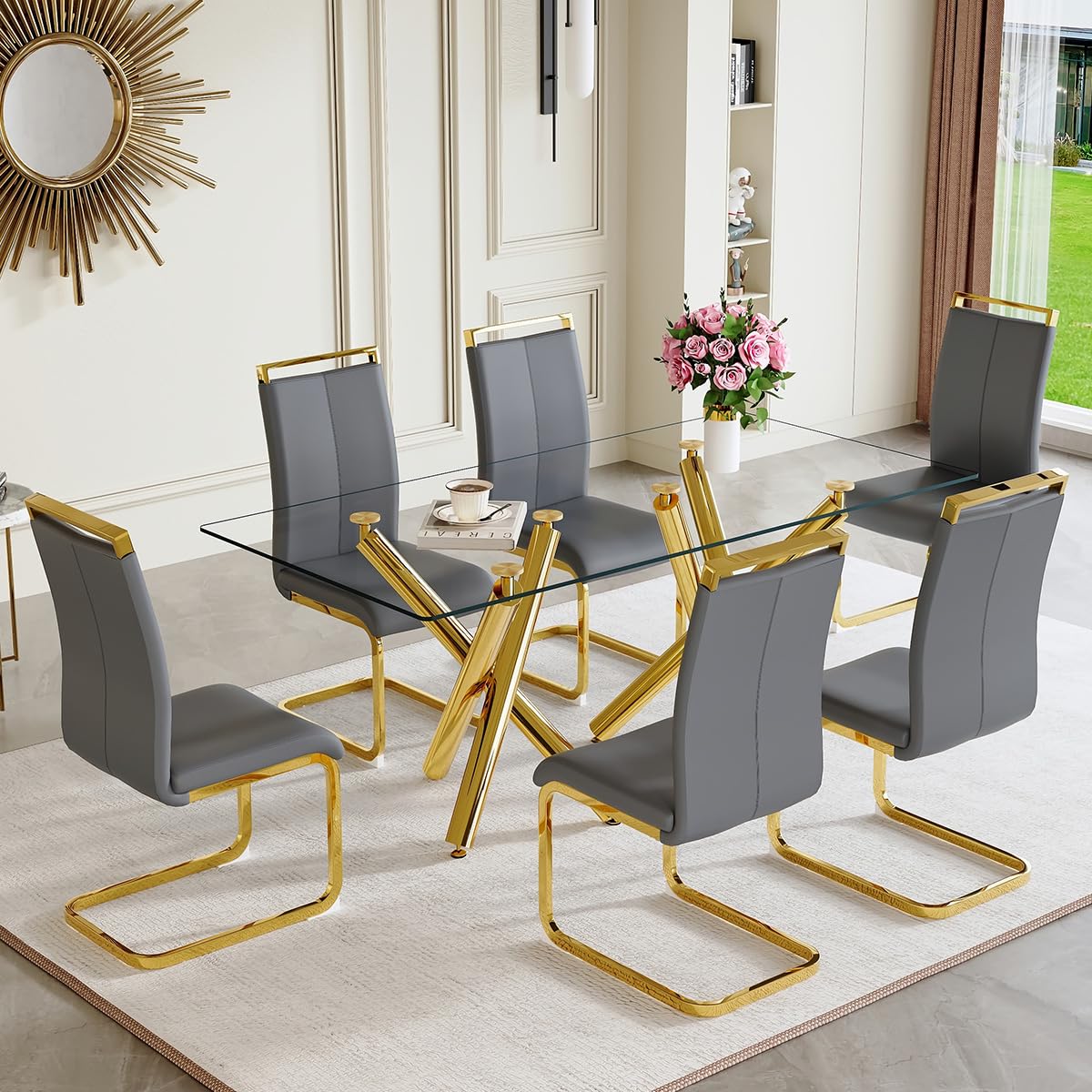 AZmac Modern Dining Table Set for 8 with Gold Metal Frame, 9-Piece Glass Dining Table with PU High Back Chairs for Kitchen Dining Room, Glass Table and 8 White Chairs