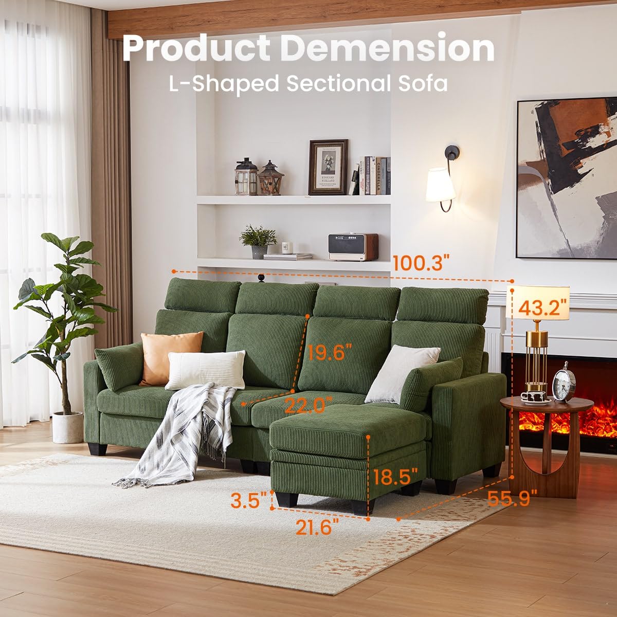 CHIC HOUSE Corduroy Modular Sectional Couch with Ottoman Chaise, L Shaped 4-seat Sofa for Living Room, Apartment, Lounge, Modern Armrest Neck Support Furniture