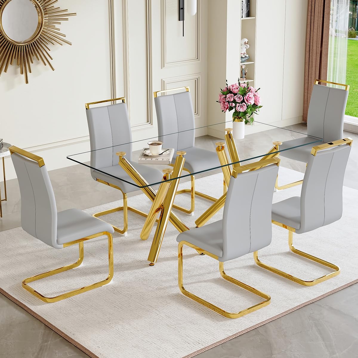 AZmac Modern Dining Table Set for 8 with Gold Metal Frame, 9-Piece Glass Dining Table with PU High Back Chairs for Kitchen Dining Room, Glass Table and 8 White Chairs