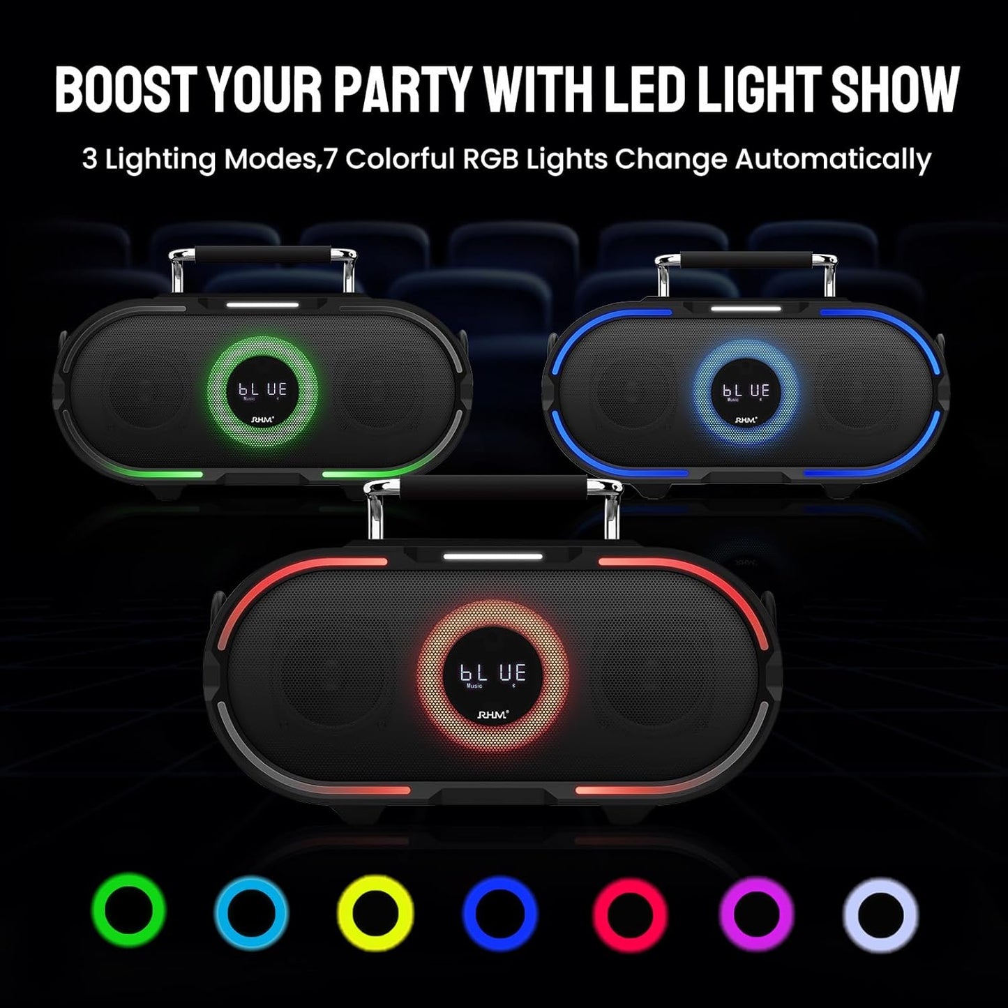 RHM K666PLUS Karaoke Machine with 2 Wireless Mics & LED Lights, Work with TV/Smartphone/Tablet via Bluetooth, 7 Hours Playtime, Support Bluetooth/AUX/USB/PC for Home Party Birthday Outdoor Camping