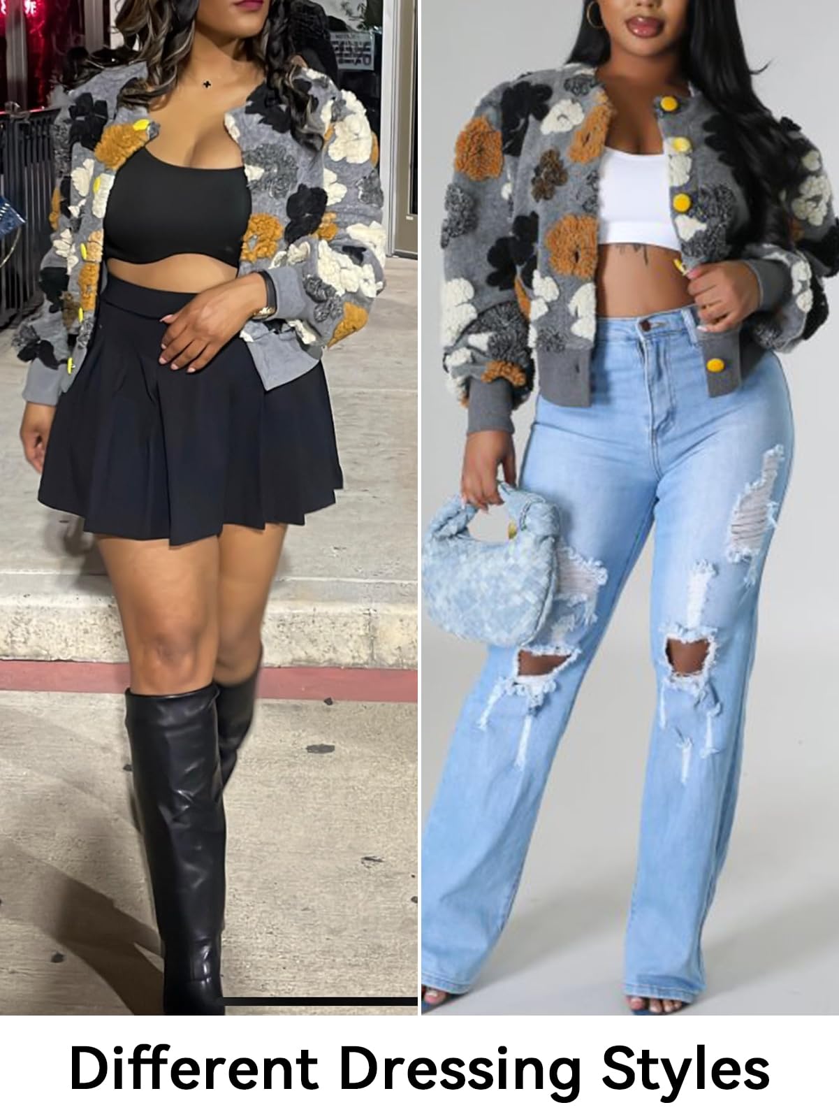 HOULENGS Women's Cropped Floral Print Fleece Bomber Jacket Casual Puff Sleeve Button Down Coats Winter Warm Outerwears