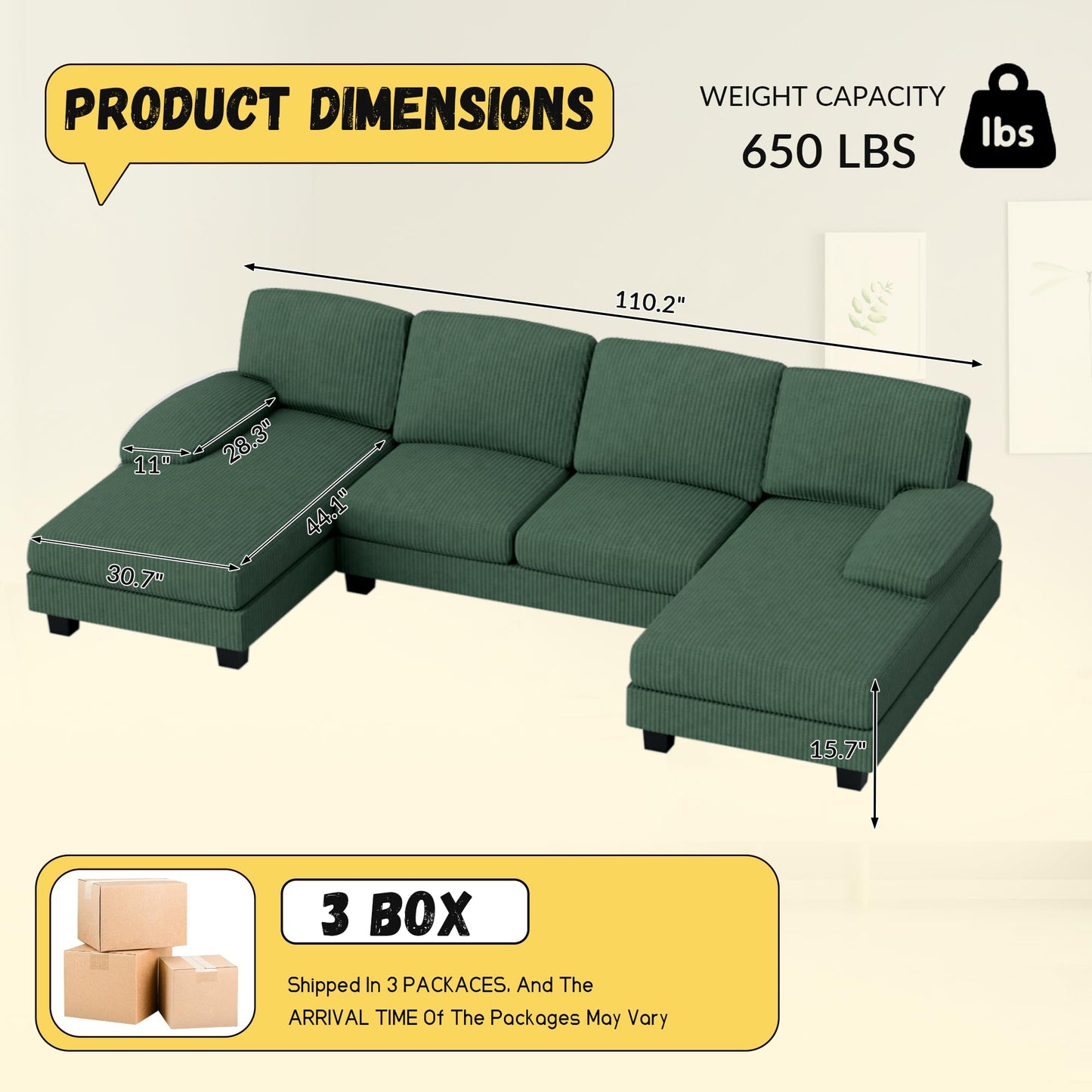 JUMMICO Sectional Couches for Living Room, U Shaped Couch with Chenille Fabric, 4 Seat Modern Sofa with Removable Pillows for Apartment and Small Space (Corduroy, Beige)
