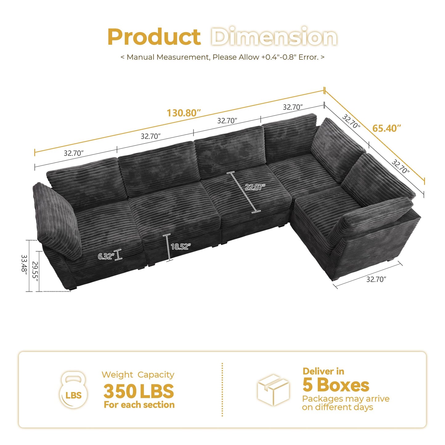 HOOOWOOO Modular Sectional Sofa,5 Pieces Sectional Couches for Living Room,98X98 L Shaped Cloud Couch Set(Grey Velvet Corduroy)