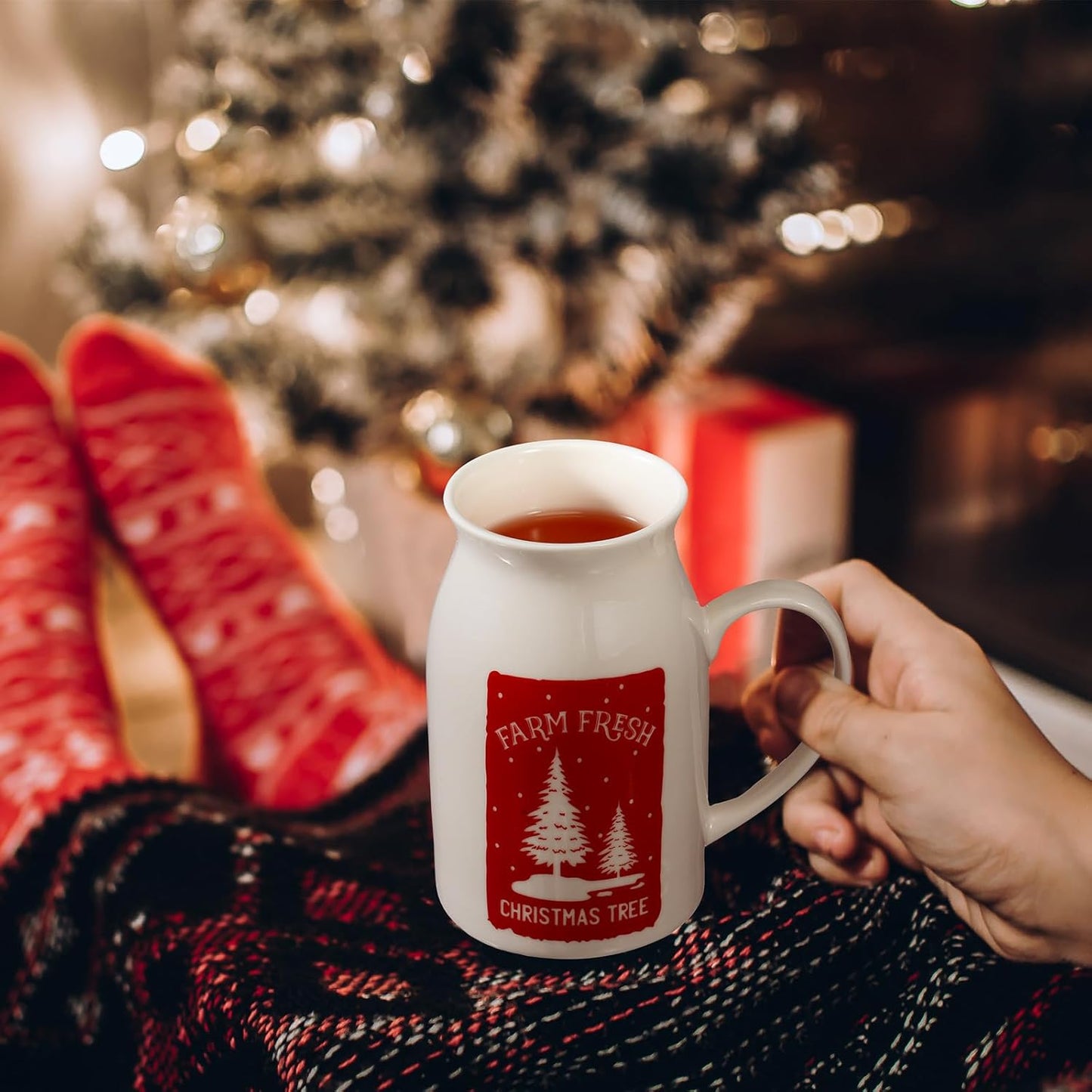 Hushee 4 Pcs 9.5 oz Ceramic Christmas Mug with Gift Box Coffee Mugs with Festive Pattern Design Reindeer Xmas Tree Hot Cocoa Mugs Snowman Truck Christmas Coffee Cups for Tea Hot Chocolate Gift