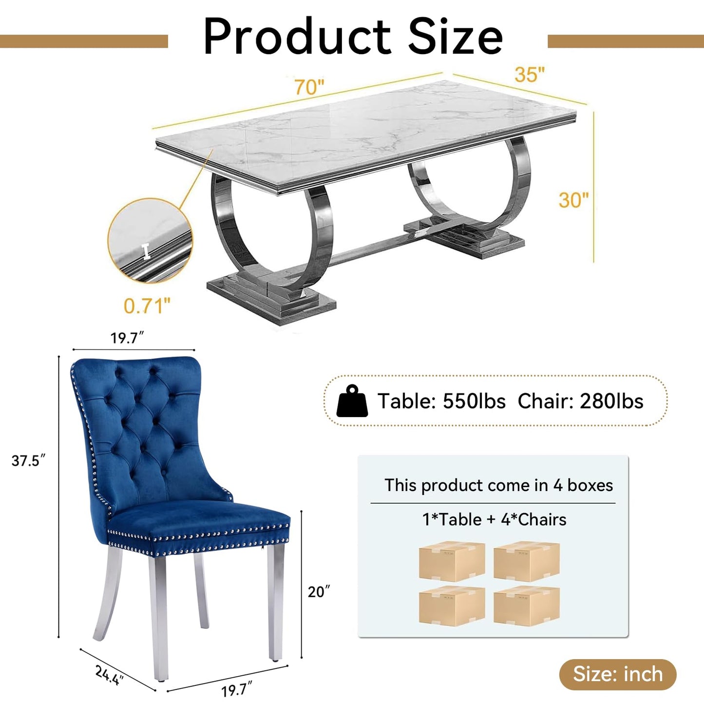 HomVent 70" Faux Marble Dining Table Set for 6, Rectangular Marble Top Kitchen Table Set, Kitchen & Dining Room Sets, Dining Table and Dining Chair