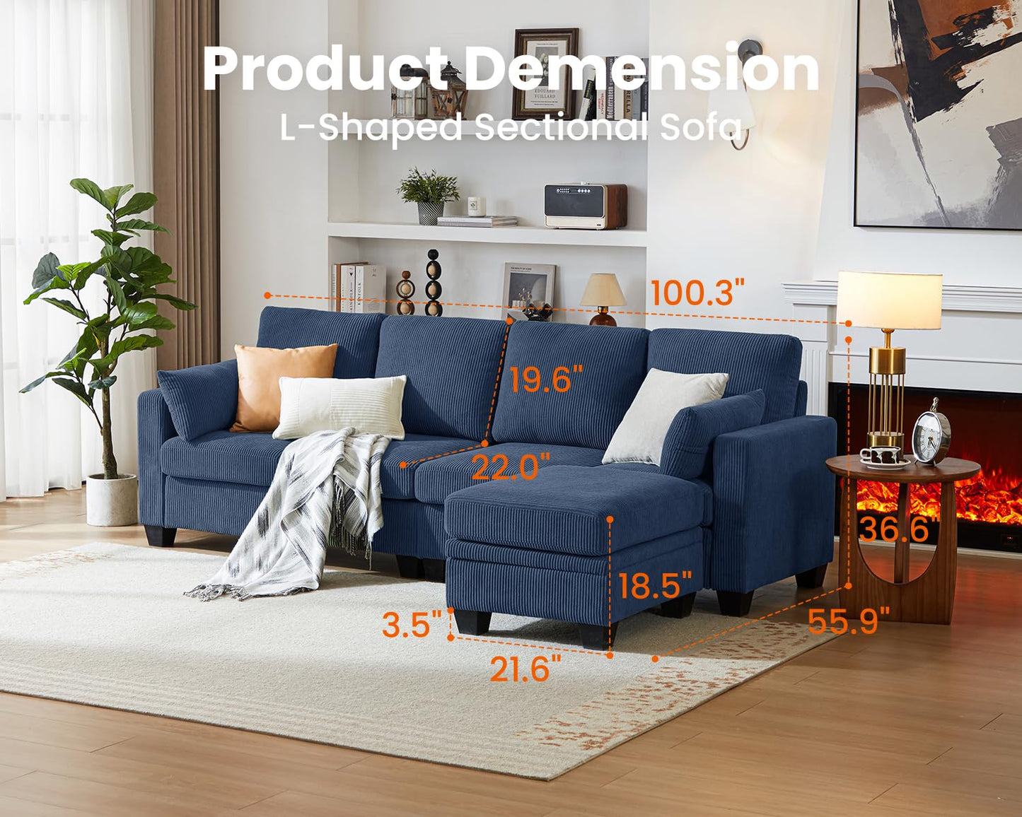 CHIC HOUSE Corduroy Modular Sectional Couch with Ottoman Chaise, L Shaped 4-seat Sofa for Living Room, Apartment, Lounge, Modern Armrest Neck Support Furniture