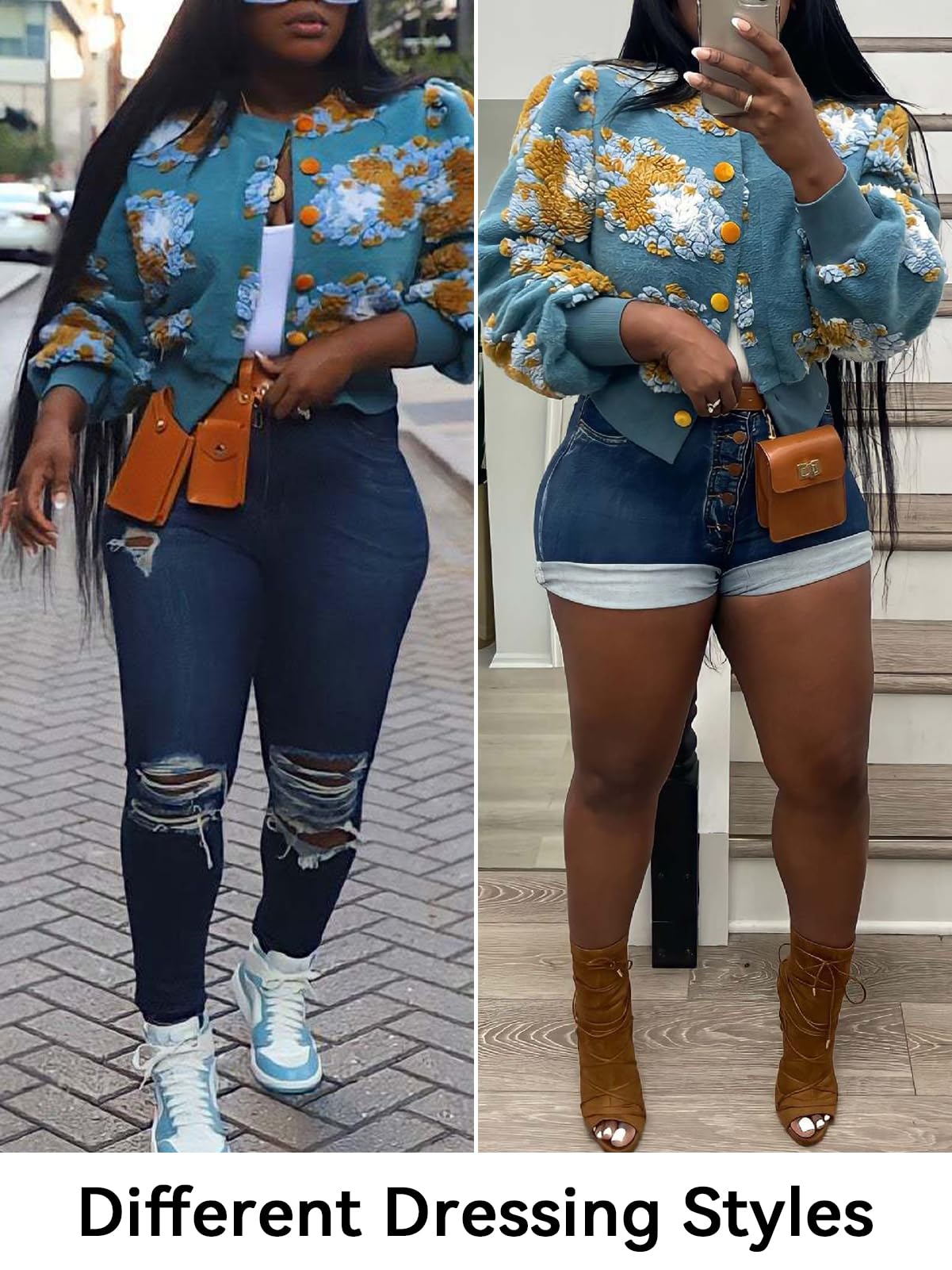 HOULENGS Women's Cropped Floral Print Fleece Bomber Jacket Casual Puff Sleeve Button Down Coats Winter Warm Outerwears