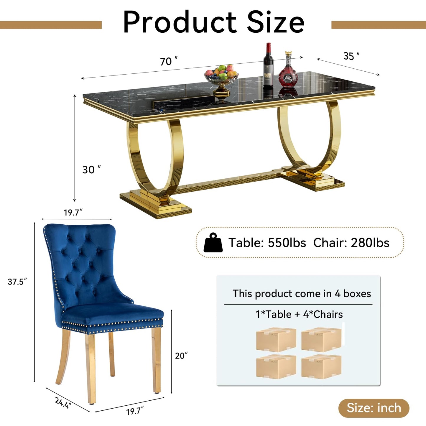 HomVent 70" Faux Marble Dining Table Set for 6, Rectangular Marble Top Kitchen Table Set, Kitchen & Dining Room Sets, Dining Table and Dining Chair