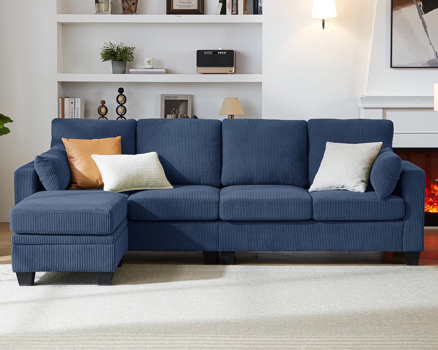 CHIC HOUSE Corduroy Modular Sectional Couch with Ottoman Chaise, L Shaped 4-seat Sofa for Living Room, Apartment, Lounge, Modern Armrest Neck Support Furniture