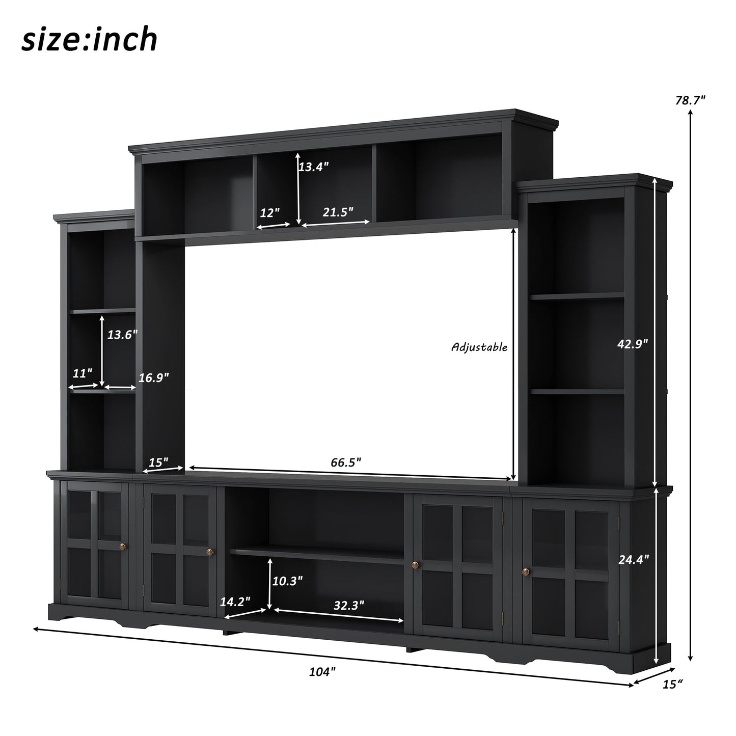 103" Minimalist Entertainment Center Wall Unit Set with Bridge for TVs Up to 75'',Ample Storage Space TV Stand W/Adjustable Shelves,Modernist Large Media Console for Living Room,White