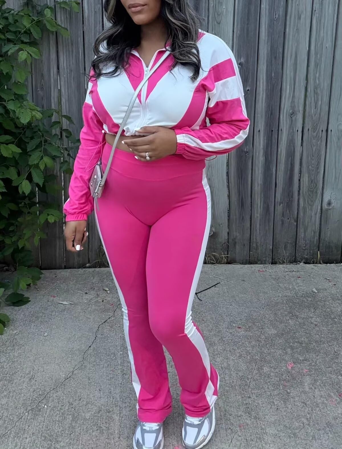 Remelon Womens 2 Piece Sweatsuits Color Block Long Sleeve Zipper Cropped Jacket Legging Pants Set Tracksuit Jogger Outfits