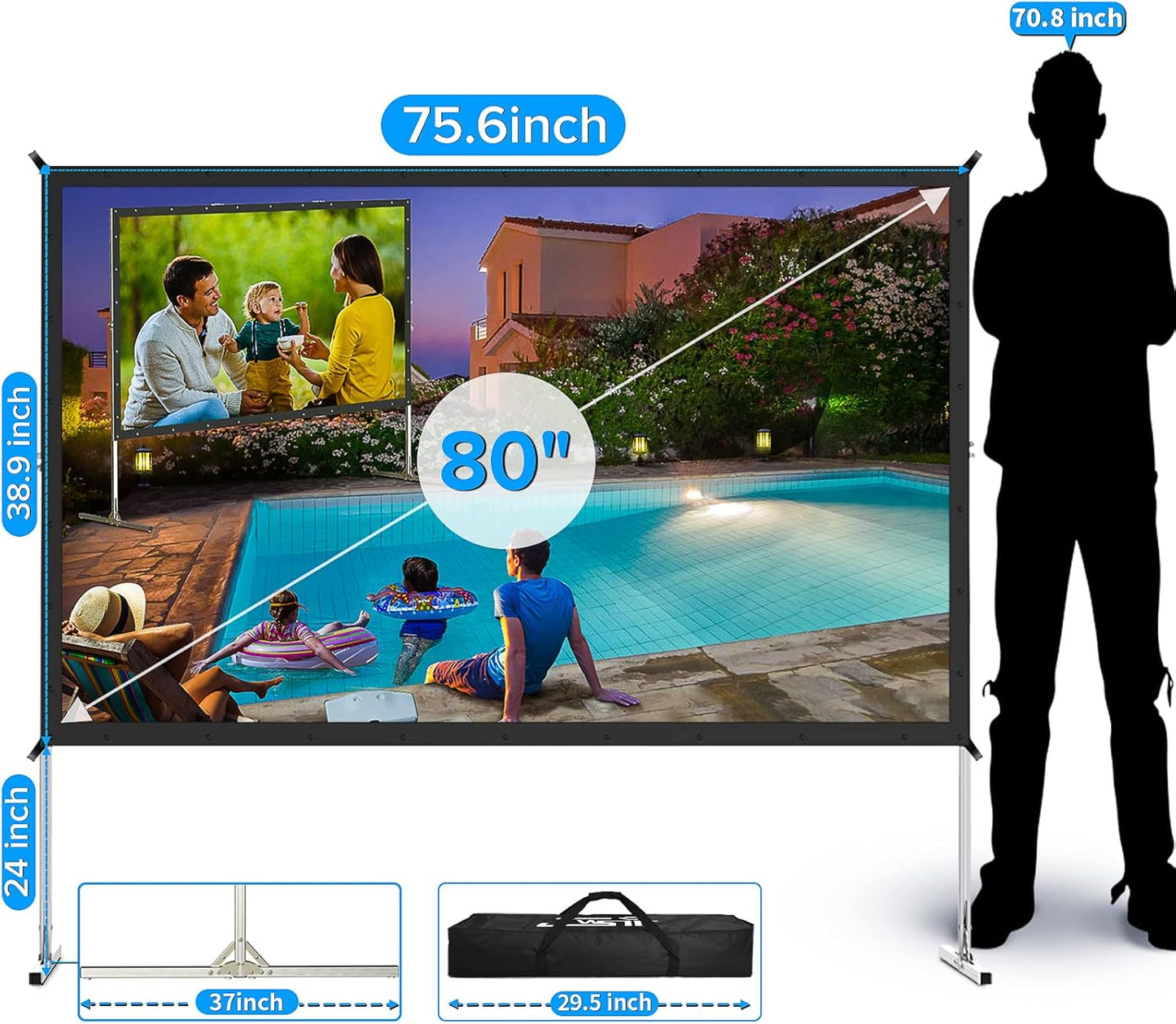 Projector Screen and Stand,JWSIT 135 inch Outdoor Movie Screen-Upgraded 3 Layers PVC 16:9 Outdoor Projector Screen,Portable Video Projection Screen with Carrying Bag for Home Theater Backyard