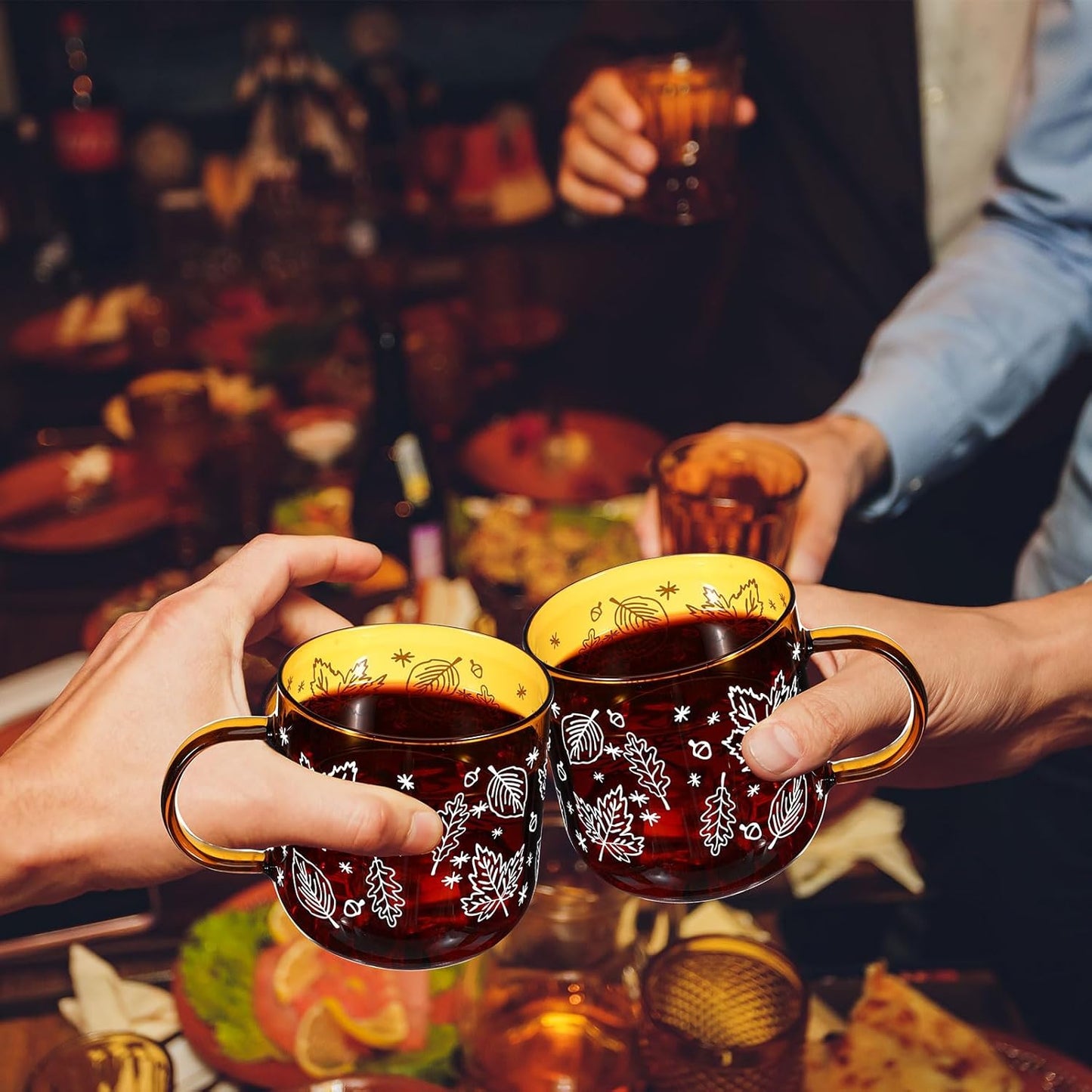 Meanplan 4 Pcs Fall Maple Leaf Mugs with Handle 12oz Amber Coffee Mugs Fall Espresso Glass Cups Amber Thanksgiving Cups for Thanksgiving Autumn Harvest Party Supplies