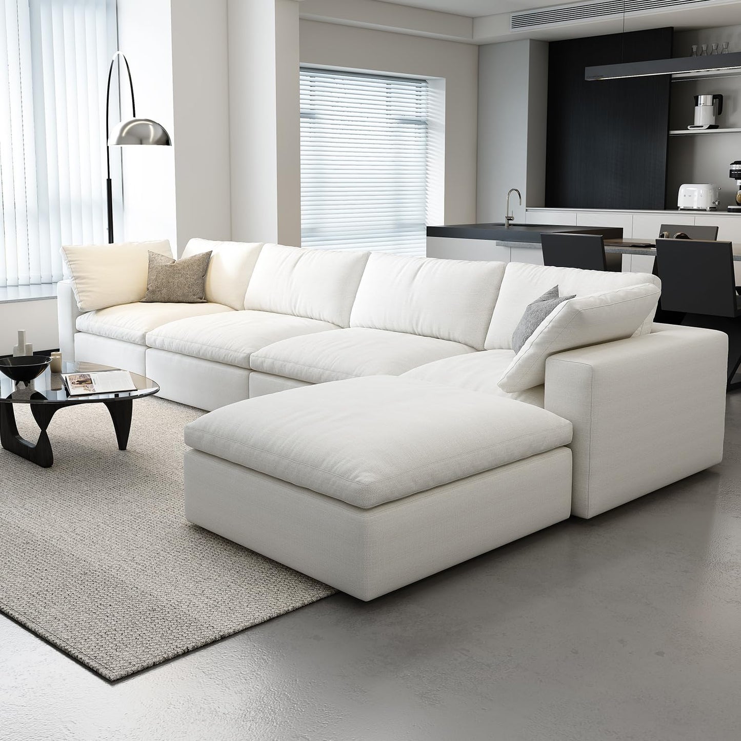 Cloud Modular Sectional Sofa with Storage Ottoman,120" L Shaped Sectional Couches for Living Room,Down Filled Comfort Minimalist Deep Sofa Couches for Office Apartment (White, 3 Seater+1 Ottoman)