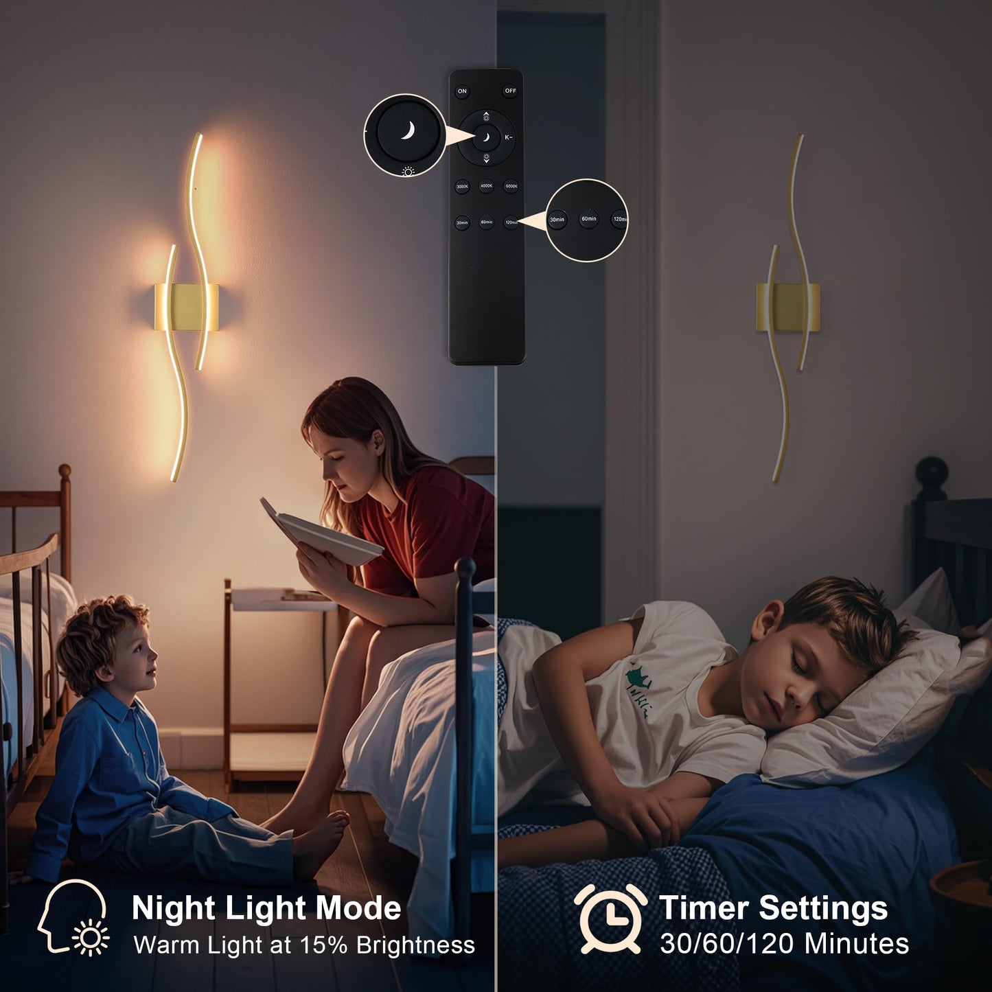 Battery Operated Wall Sconces Set of Two with Remote Control, Dimmable/3 Color/Night-Light/Timer/Memory, Black Modern Wireless LED Sconce for Living Room, Hallway, Bedroom, 39.3 Inch (2 Pack)