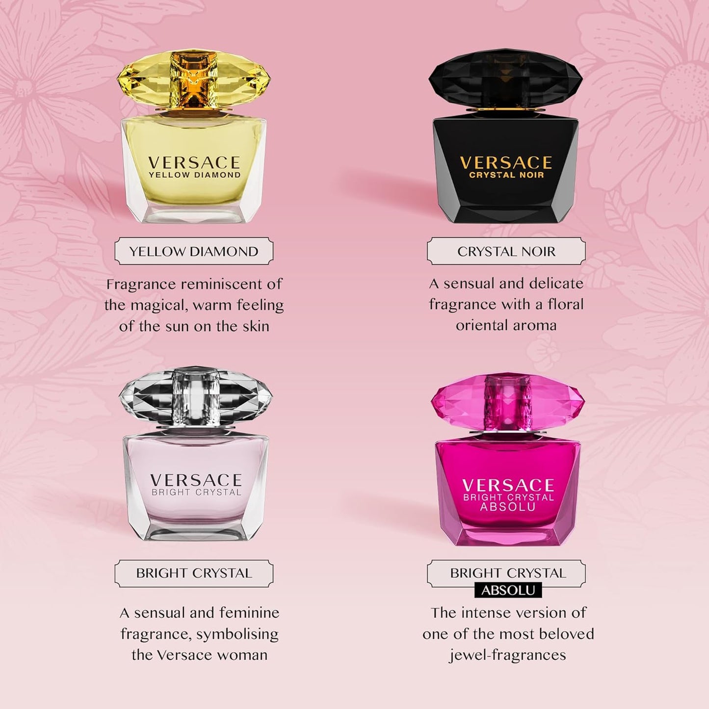 Versace Perfume for Women Set of 4 Mini, Bright Crystal, Yellow Diamond, Crystal Noir, Bright Crystal Absolu, Perfume for Women Fragrance Sampler Set Designer Womens Samples (4 Count, 0.17 oz)