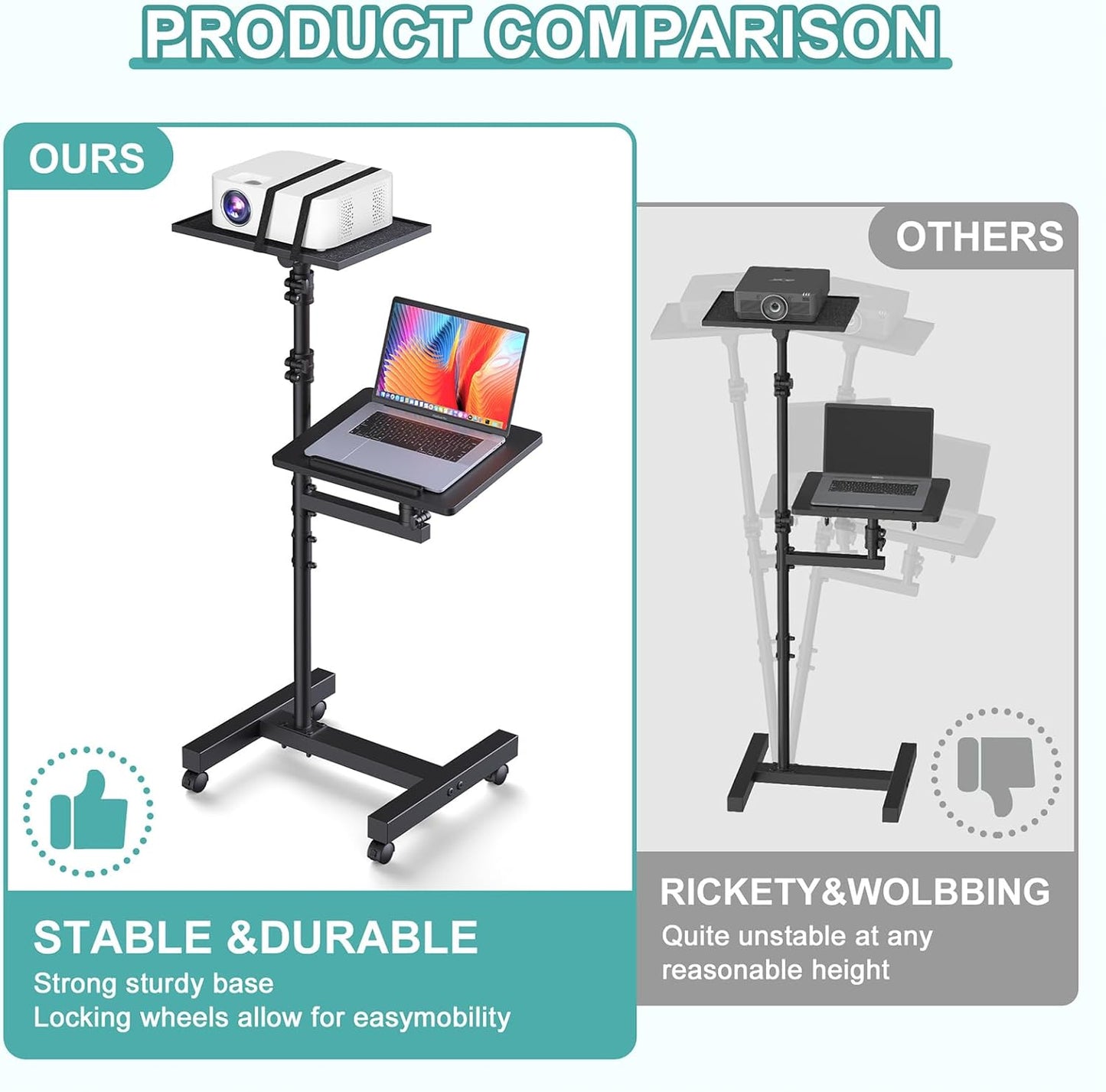 2 Shelves Projector Stand Tripod, Mobile Laptop Cart on Wheels Projector Tripod Stand Adjustable Height 45 to 64 Inches, Overbed Table with Wheels, Rolling Laptop Floor Stand for Couch