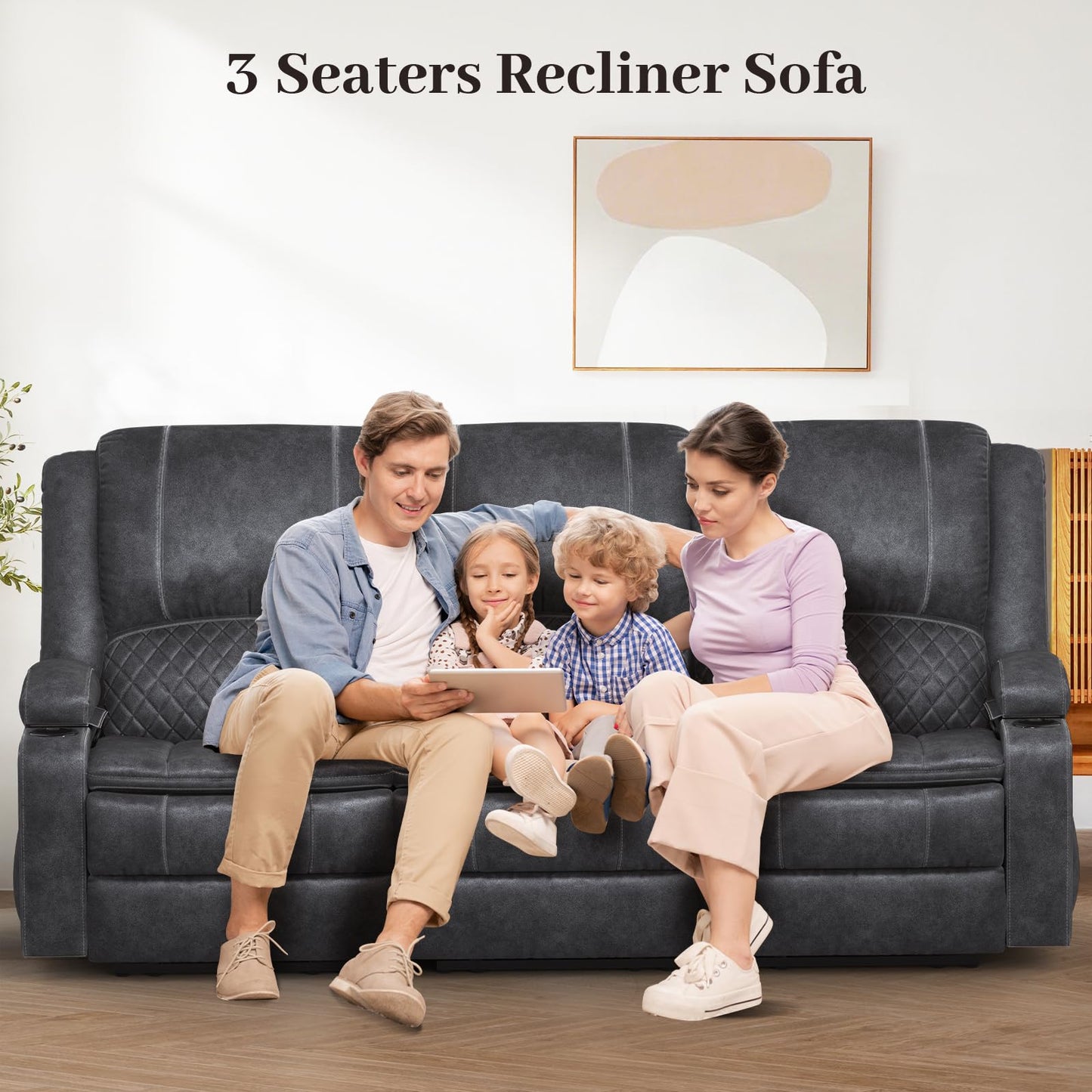 3 Seater Recliner Sofa Set with 2-Tier Cushion, 3+1+1 Pieces in Living Room, 3 Seater Reclining Couch Dutch Velvet with Removable Console, 2 Oversize Recliner Chair Sofa Seat - Grey