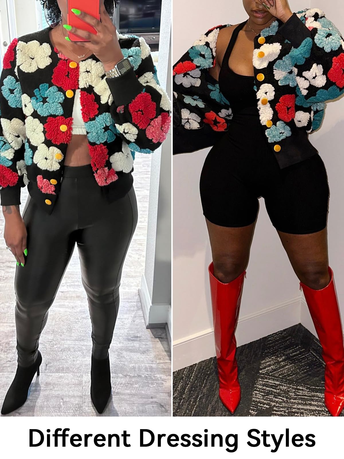 HOULENGS Women's Cropped Floral Print Fleece Bomber Jacket Casual Puff Sleeve Button Down Coats Winter Warm Outerwears