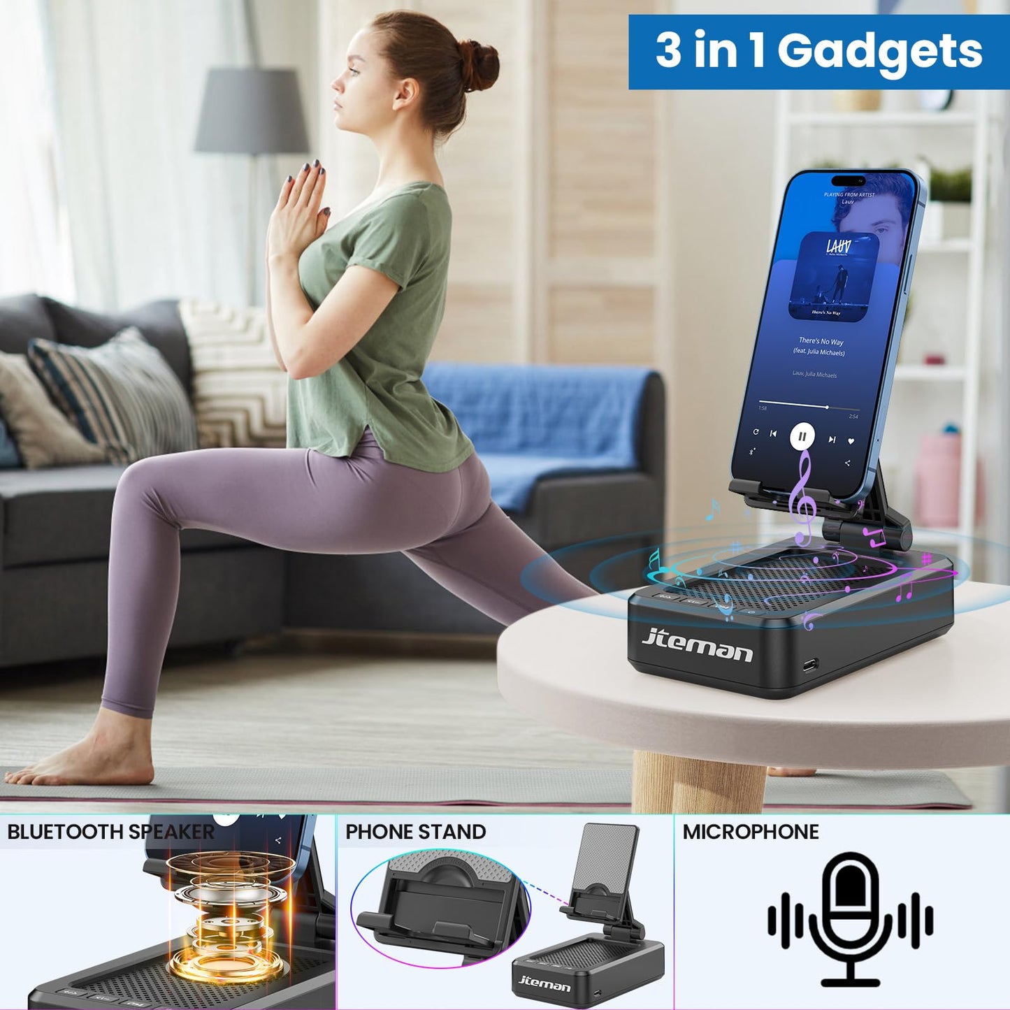 JTEMAN Tablet Stand Adjustable with Bluetooth Speakers,Kitchen Gadgets,Gifts for Women Men,Wireless Bluetooth Speaker Tablet Holder,Desk Mic Charging Sation Compatible with Phones and Tablet