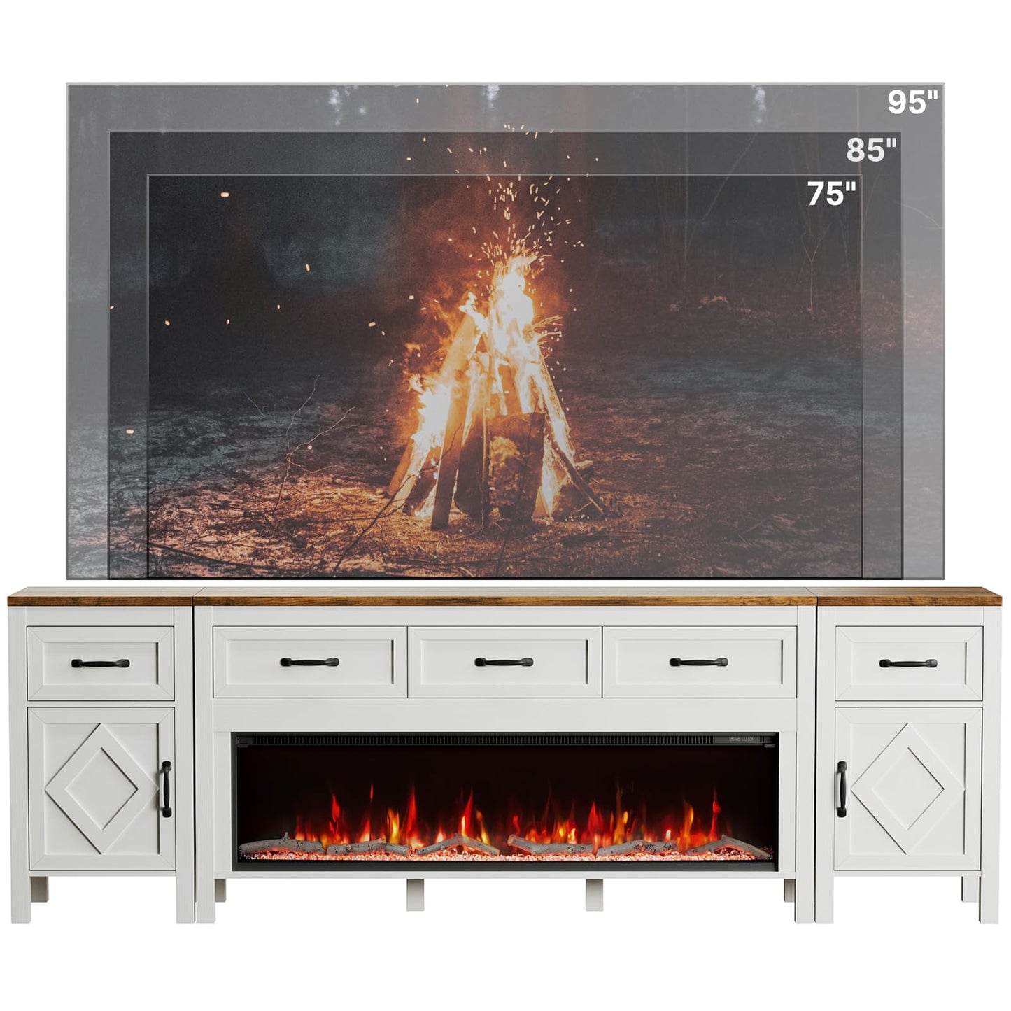 Farmhouse TV Stand with Fireplace for TVs Up to 95 Inch,Entertainment Center with 50" Electric Fireplace,88" TV Console with Storage Cabinet Drawers for Living Room(Off White)