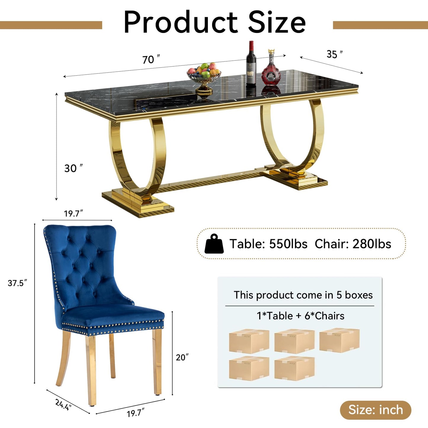 HomVent 70" Faux Marble Dining Table Set for 6, Rectangular Marble Top Kitchen Table Set, Kitchen & Dining Room Sets, Dining Table and Dining Chair