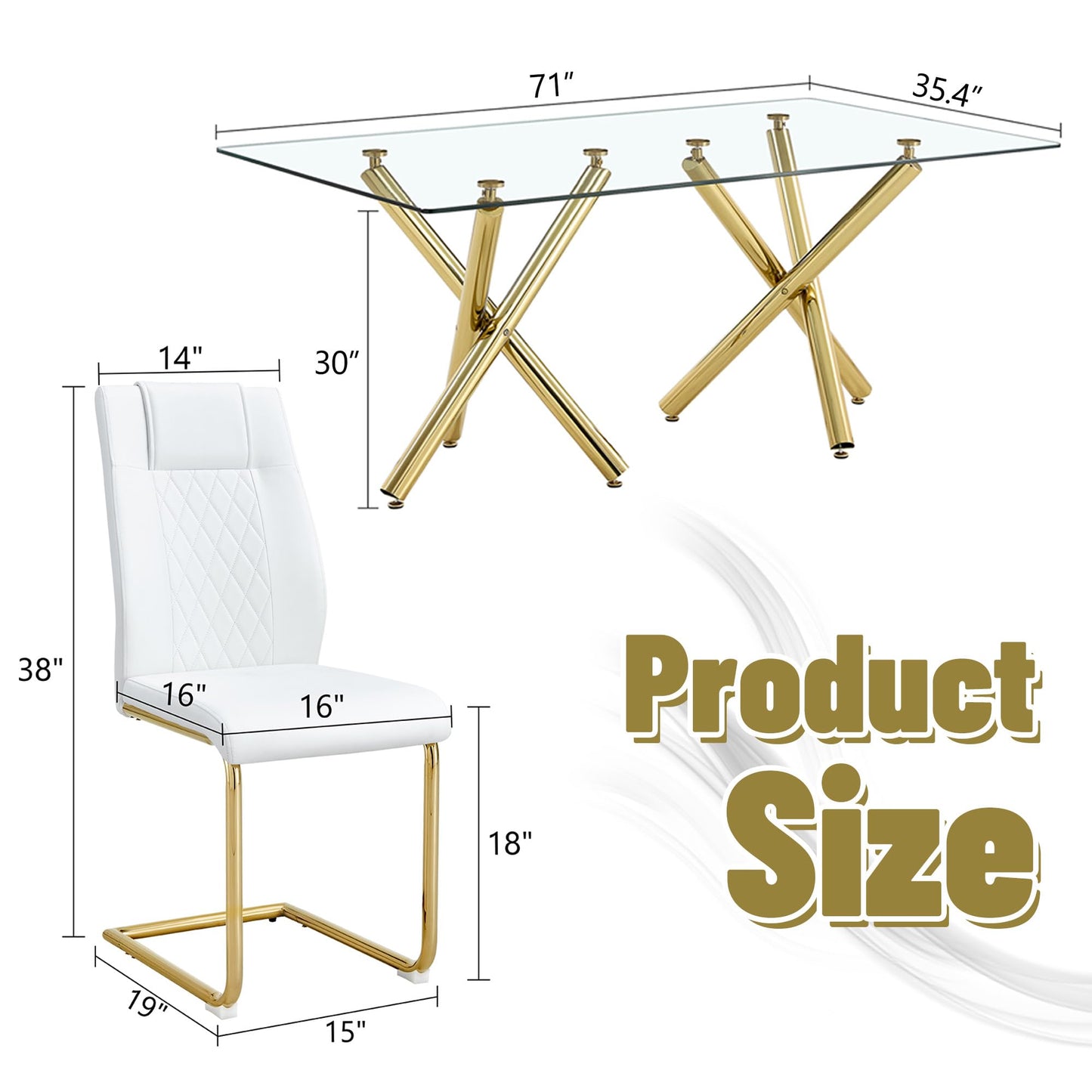 AZmac Modern Dining Table Set for 8 with Gold Metal Frame, 9-Piece Glass Dining Table with PU High Back Chairs for Kitchen Dining Room, Glass Table and 8 White Chairs