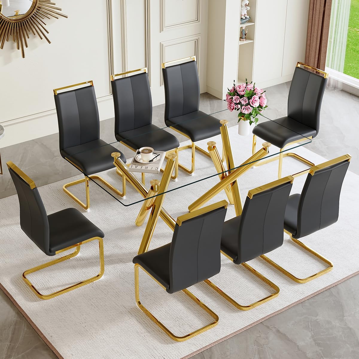 AZmac Modern Dining Table Set for 8 with Gold Metal Frame, 9-Piece Glass Dining Table with PU High Back Chairs for Kitchen Dining Room, Glass Table and 8 White Chairs