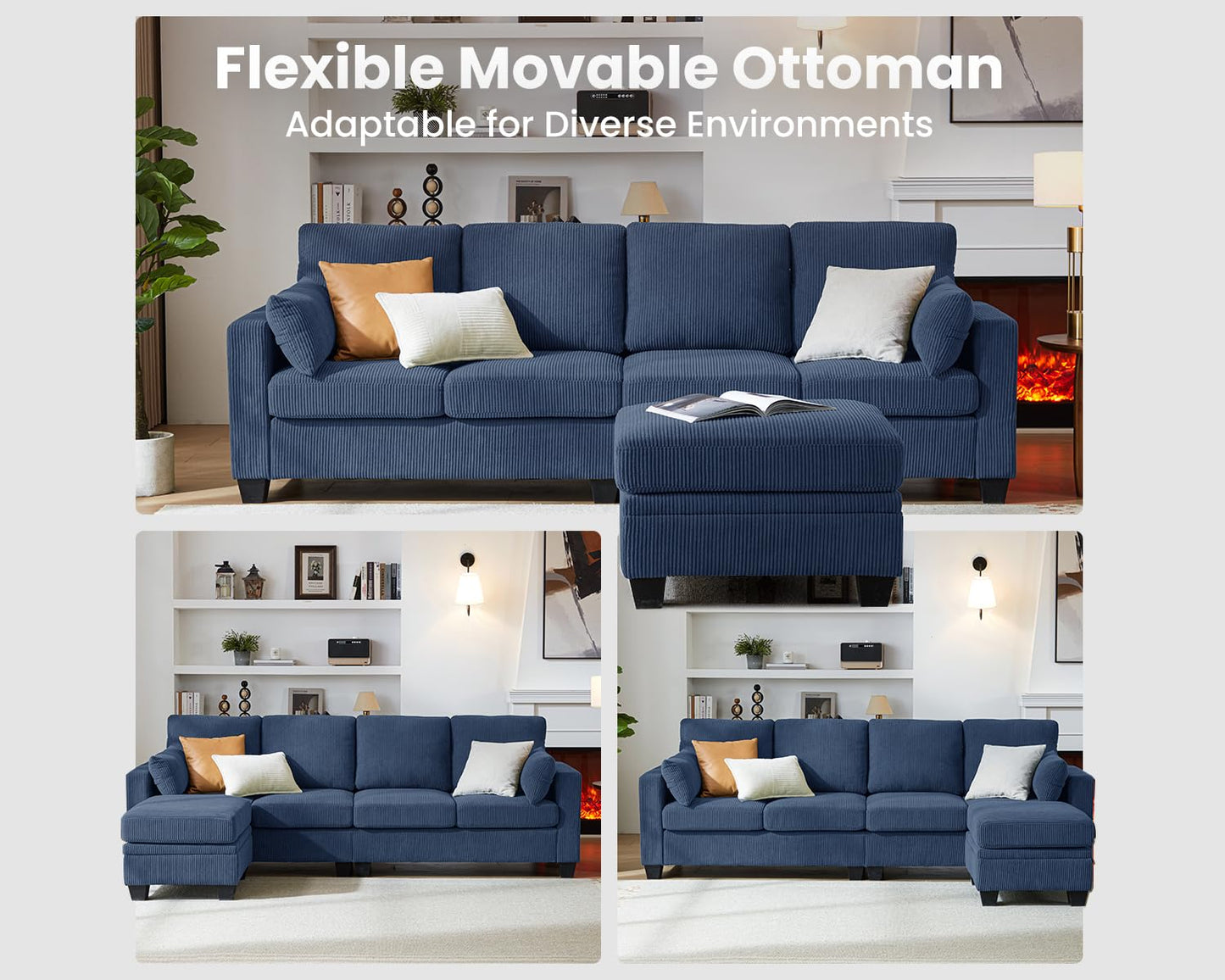 CHIC HOUSE Corduroy Modular Sectional Couch with Ottoman Chaise, L Shaped 4-seat Sofa for Living Room, Apartment, Lounge, Modern Armrest Neck Support Furniture