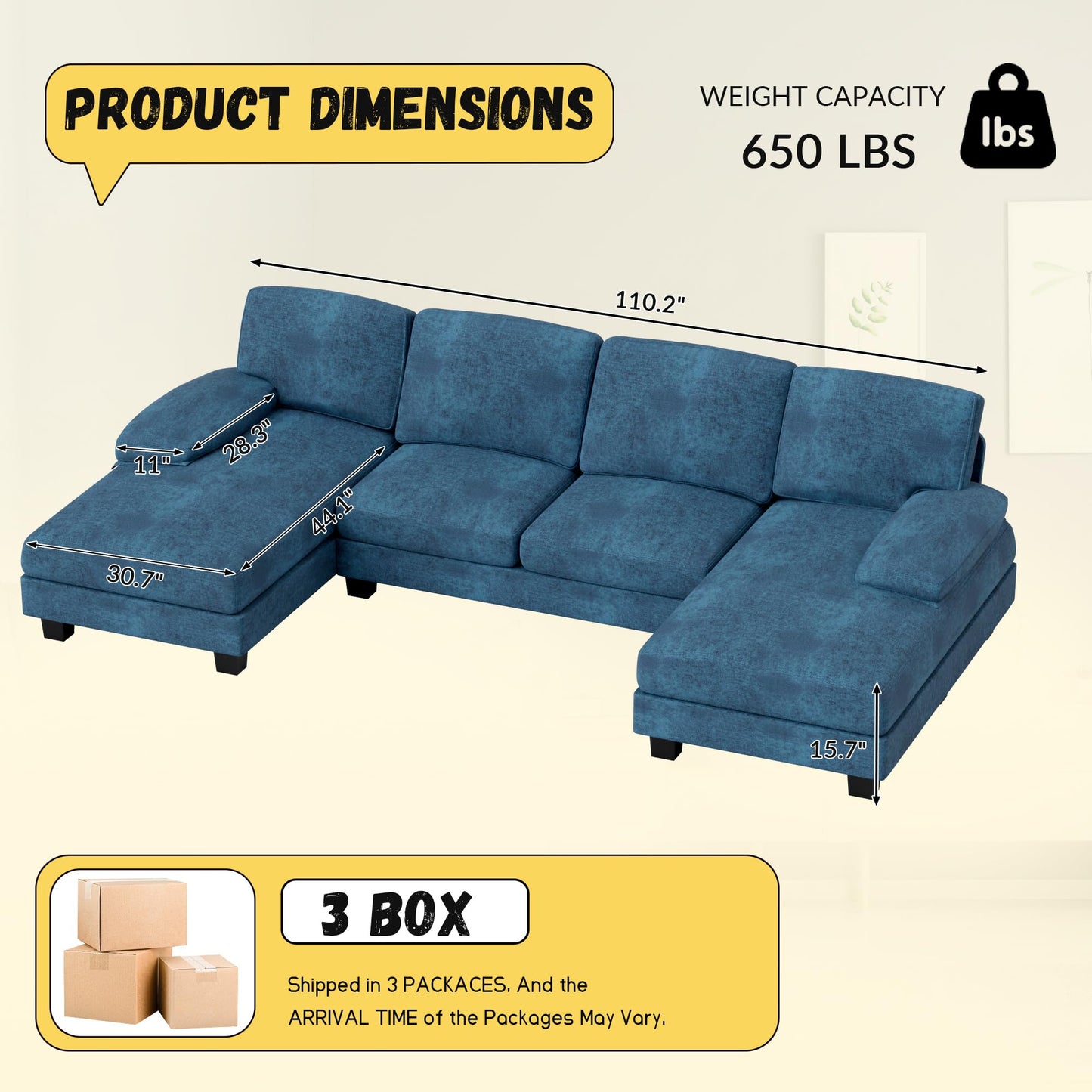 JUMMICO Sectional Couches for Living Room, U Shaped Couch with Chenille Fabric, 4 Seat Modern Sofa with Removable Pillows for Apartment and Small Space (Corduroy, Beige)