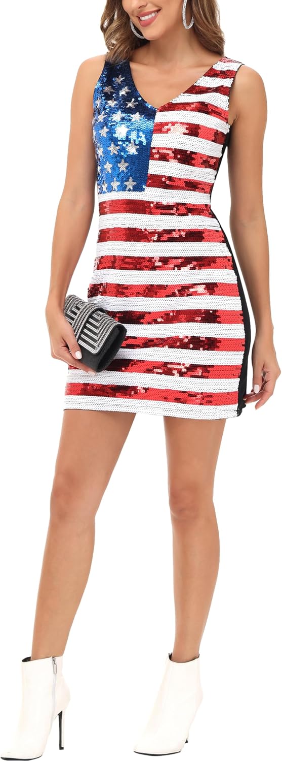 Anna-Kaci Women's American Flag Sequin Dress V-Neck Sleeveless USA Patriotic Striped Glitter Tank Mini Dress