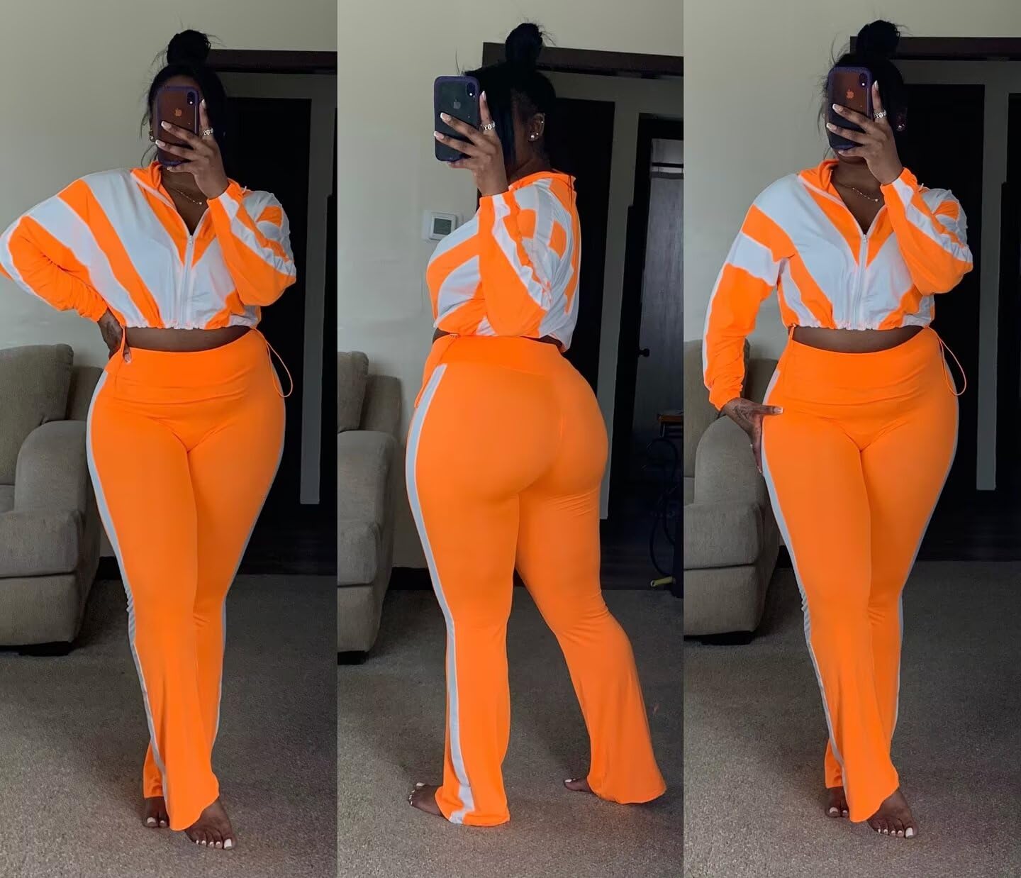Remelon Womens 2 Piece Sweatsuits Color Block Long Sleeve Zipper Cropped Jacket Legging Pants Set Tracksuit Jogger Outfits