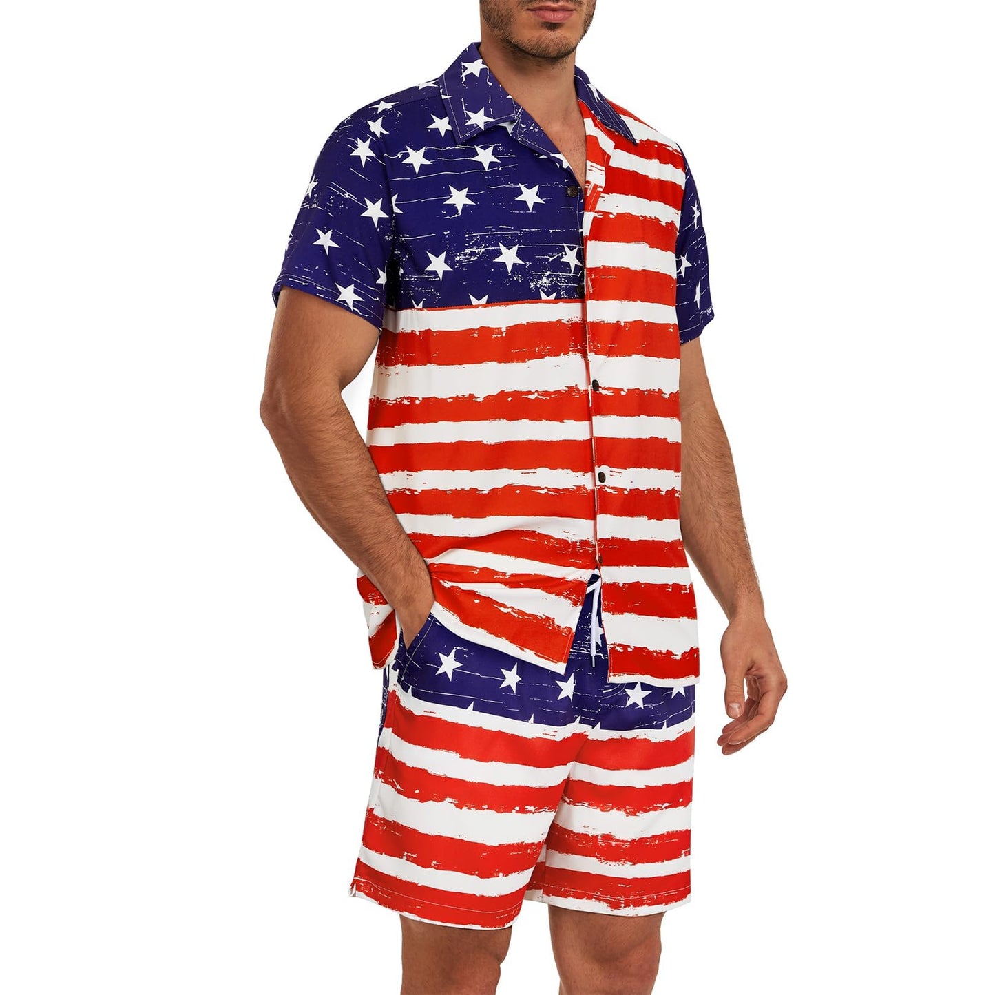 Century Star American Flag Suit for Men Hawaiian Beach Outfits Summer Vacation Hawaii Shirt & Swim Trunks Set