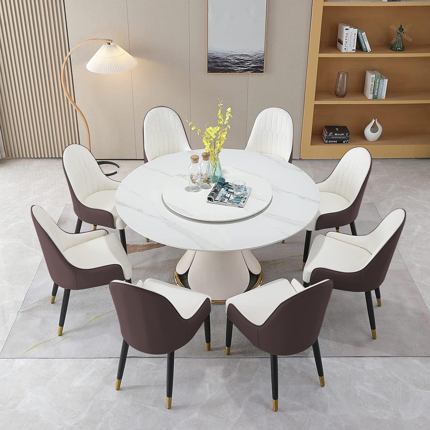 59" Round Dining Table Set for 8 with Lazy Susan Modern Sintered Stone 9 Pieces Dining Room Table Set with 8 Chairs and 31.5" Round Turntable