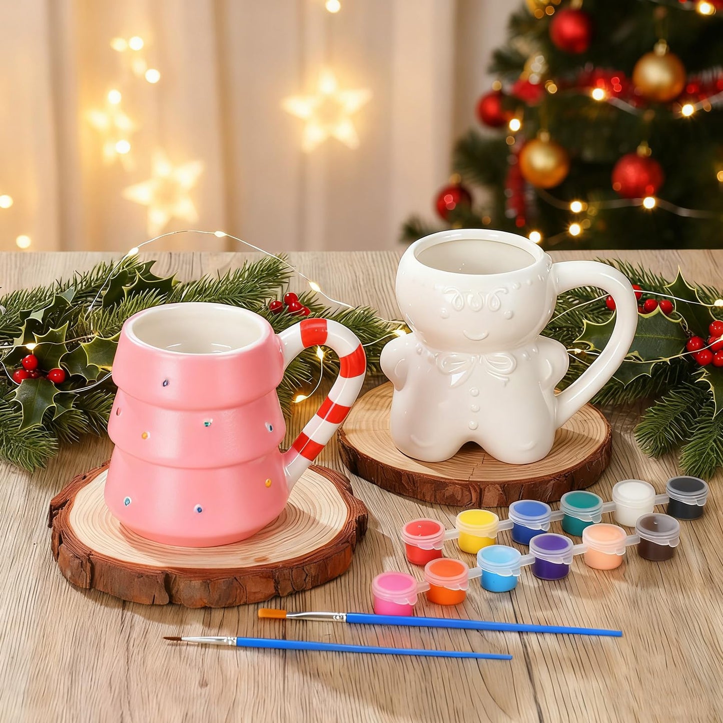 Vesici 4 Sets Paint Your Own Christmas Mugs Kits with 12 Color Paints Brush Instruction Manual Ceramic Gingerbread Man Christmas Tree Mugs Xmas DIY Painted Cup Winter Holiday Gift Art Favor