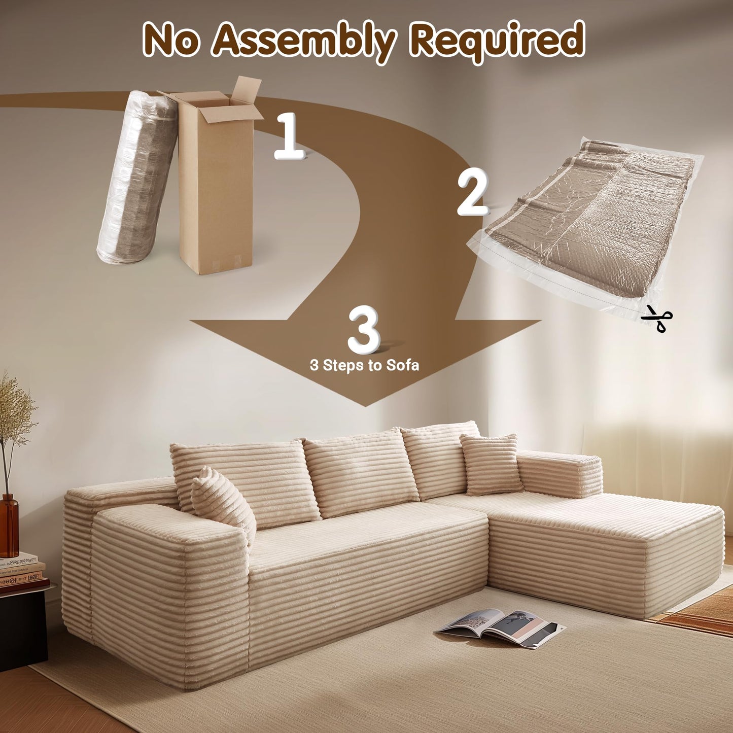 ovios 104" Cloud Sectional Couch with L-Shape Chaise,Modern Modular Sofa with Deep Seat, Upholstered Couches for Living Room Bedroom,No Assembly Required, Black (Corduroy Fabric)