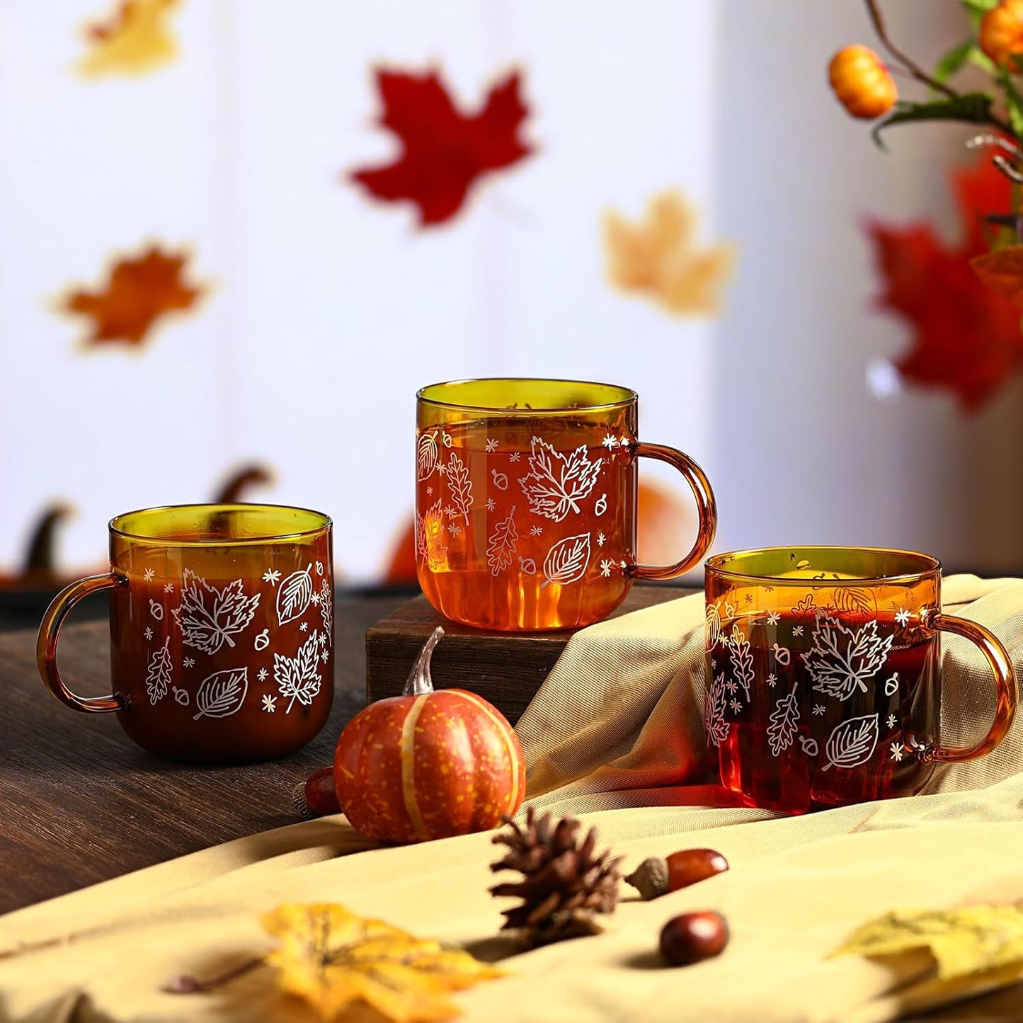 Meanplan 4 Pcs Fall Maple Leaf Mugs with Handle 12oz Amber Coffee Mugs Fall Espresso Glass Cups Amber Thanksgiving Cups for Thanksgiving Autumn Harvest Party Supplies