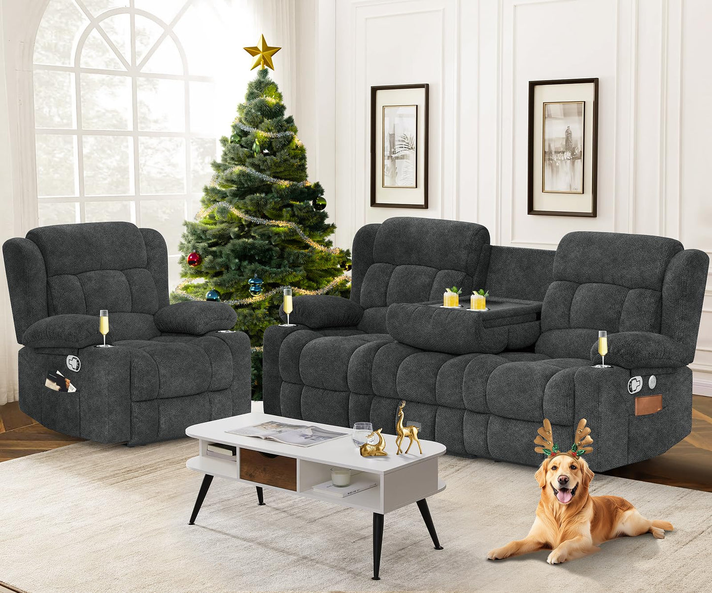 Loveseat Recliner Sofa, Flip Middle Backrest Design 3 Seat Reclining Sofa with Storage Drawer, USB Ports & Cup Holders, Manual Couch for Living Room/RV (Gray)