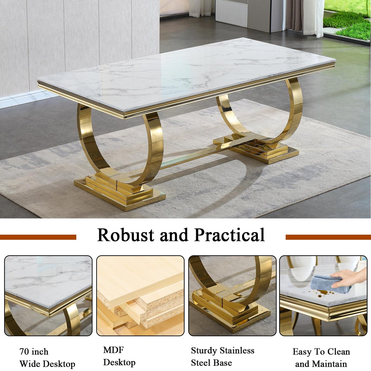HomVent 70" Faux Marble Dining Table Set for 6, Rectangular Marble Top Kitchen Table Set, Kitchen & Dining Room Sets, Dining Table and Dining Chair