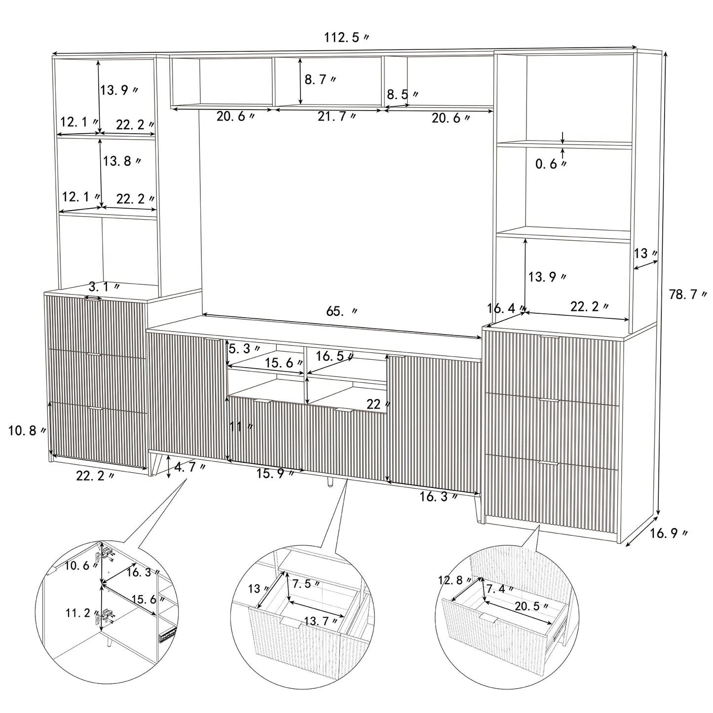 103" Minimalist Entertainment Center Wall Unit Set with Bridge for TVs Up to 75'',Ample Storage Space TV Stand W/Adjustable Shelves,Modernist Large Media Console for Living Room,White