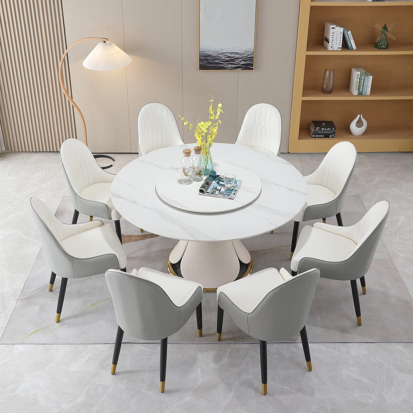 59" Round Dining Table Set for 8 with Lazy Susan Modern Sintered Stone 9 Pieces Dining Room Table Set with 8 Chairs and 31.5" Round Turntable