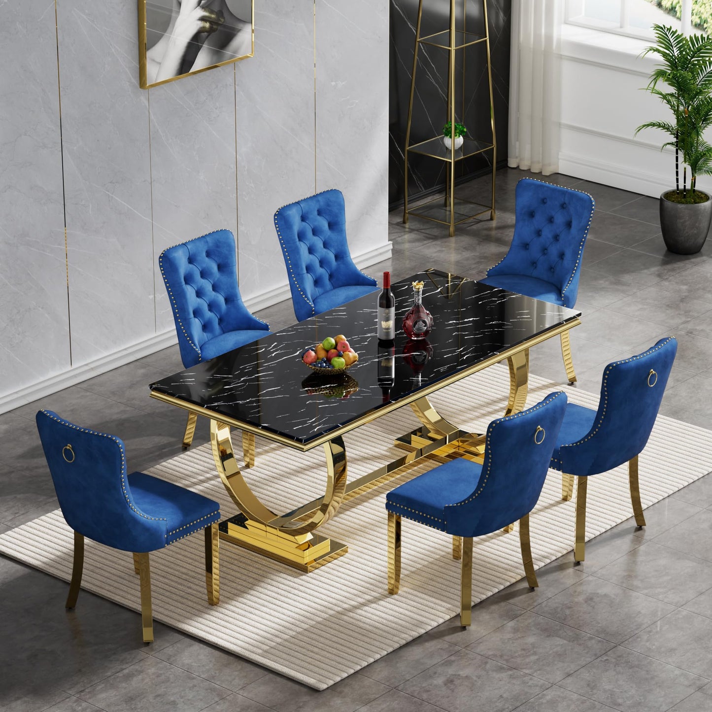 HomVent 70" Faux Marble Dining Table Set for 6, Rectangular Marble Top Kitchen Table Set, Kitchen & Dining Room Sets, Dining Table and Dining Chair