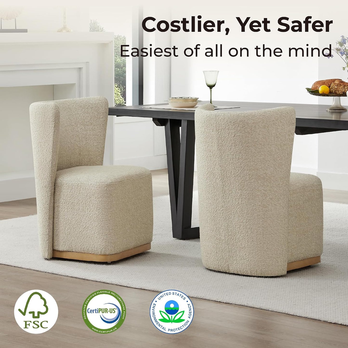 CHITA Upholstered Rolling Dining Chair with Casters Set of 2, Oatmeal | FSC Certified Modern Fabric Dining Chair with Casters, Boucle Dining Chairs for Reading Room Kitchen Dining Room