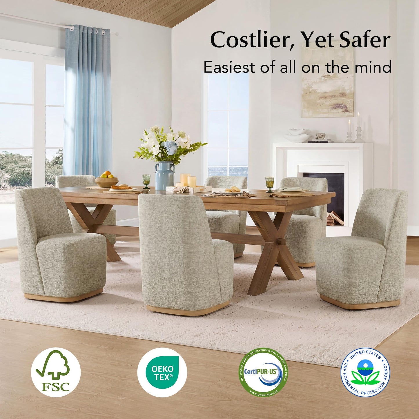 CHITA Upholstered Rolling Dining Chair with Casters Set of 2, Oatmeal | FSC Certified Modern Fabric Dining Chair with Casters, Boucle Dining Chairs for Reading Room Kitchen Dining Room