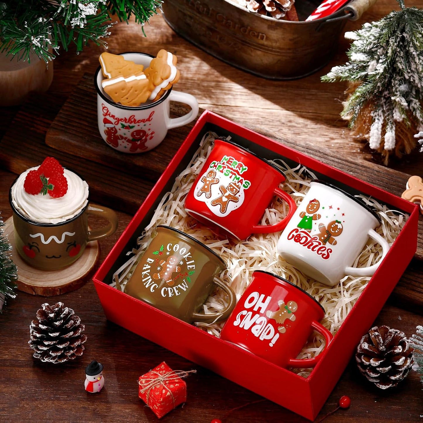 6 Pcs Christmas Mini Coffee Mugs Xmas Mini Coffee Cups Christmas Mugs with Ribbons for Home Tiered Tray Decor Xmas Winter Holiday Kitchen Bar Decorations Housewarming Gifts (Gingerbread Man)